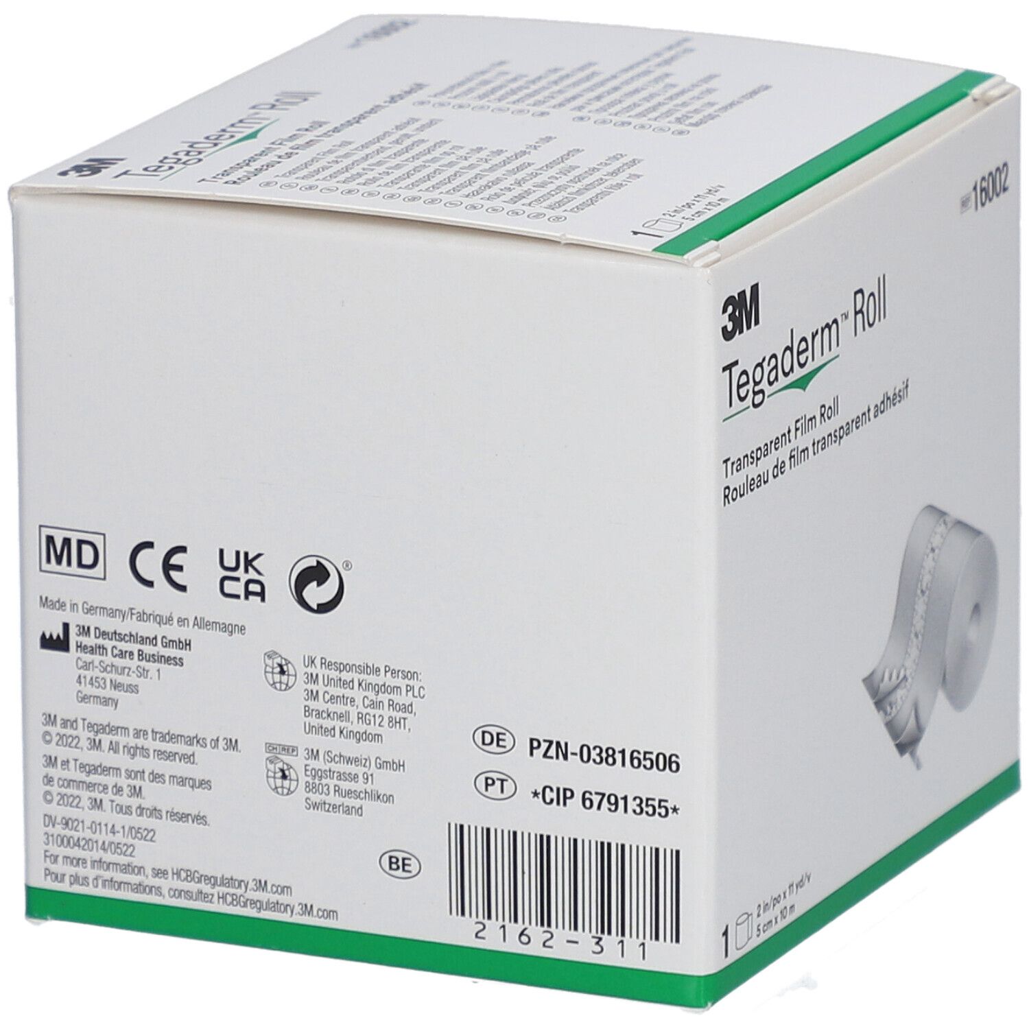 Rückseite der 3M Tegaderm Roll Verpackung. Informationen zu Hersteller, Zertifizierungen (MD, CE, UK CA) und Chargennummer.