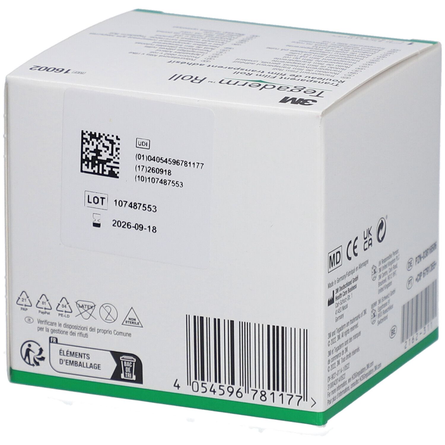 Verpackung der 3M Tegaderm Roll. QR-Code, Chargennummer und Verfallsdatum (2026-09-18) sind aufgedruckt.