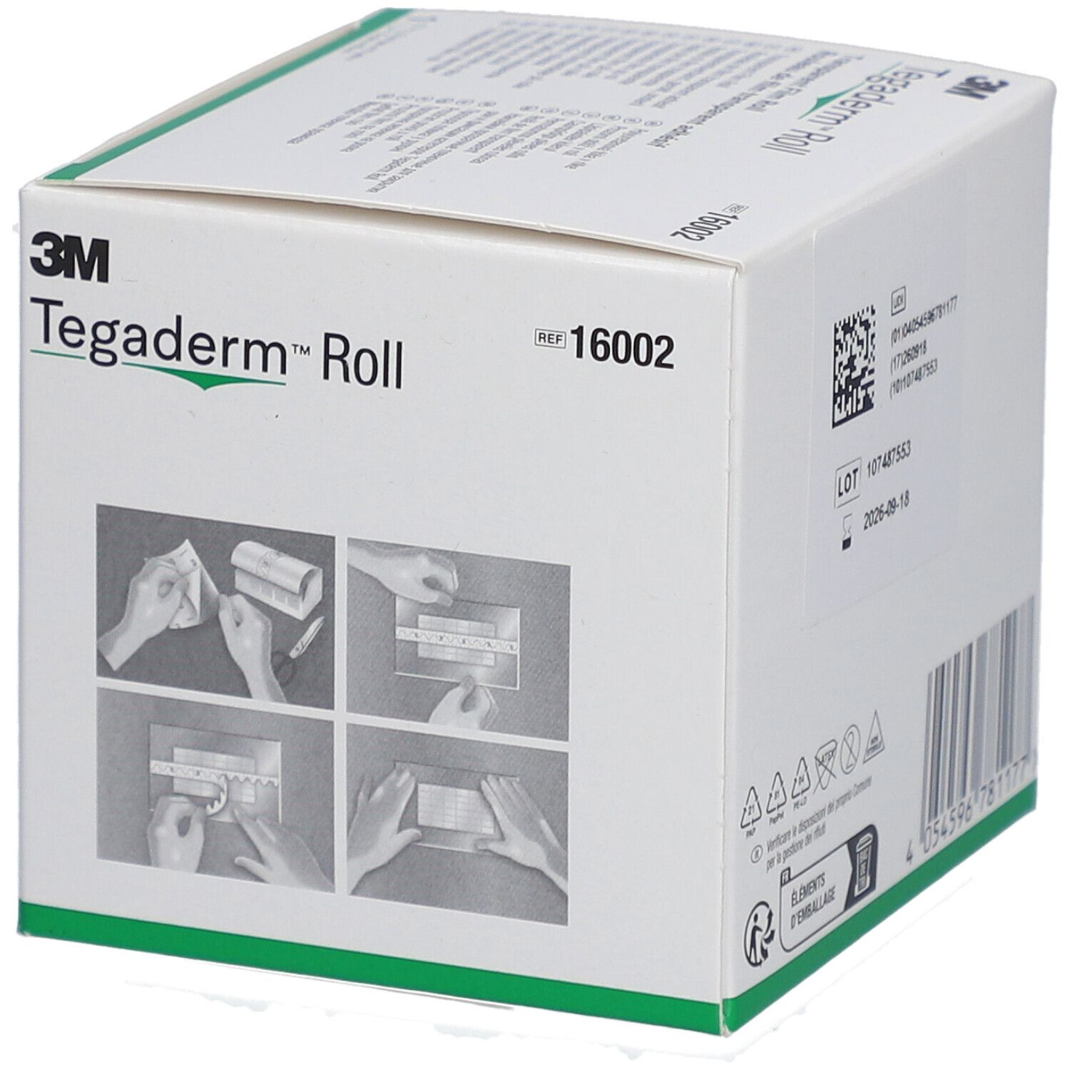 3M Tegaderm Roll Verpackung. Abbildungen zeigen Anwendungsschritte. Produktname und Referenznummer 16002.