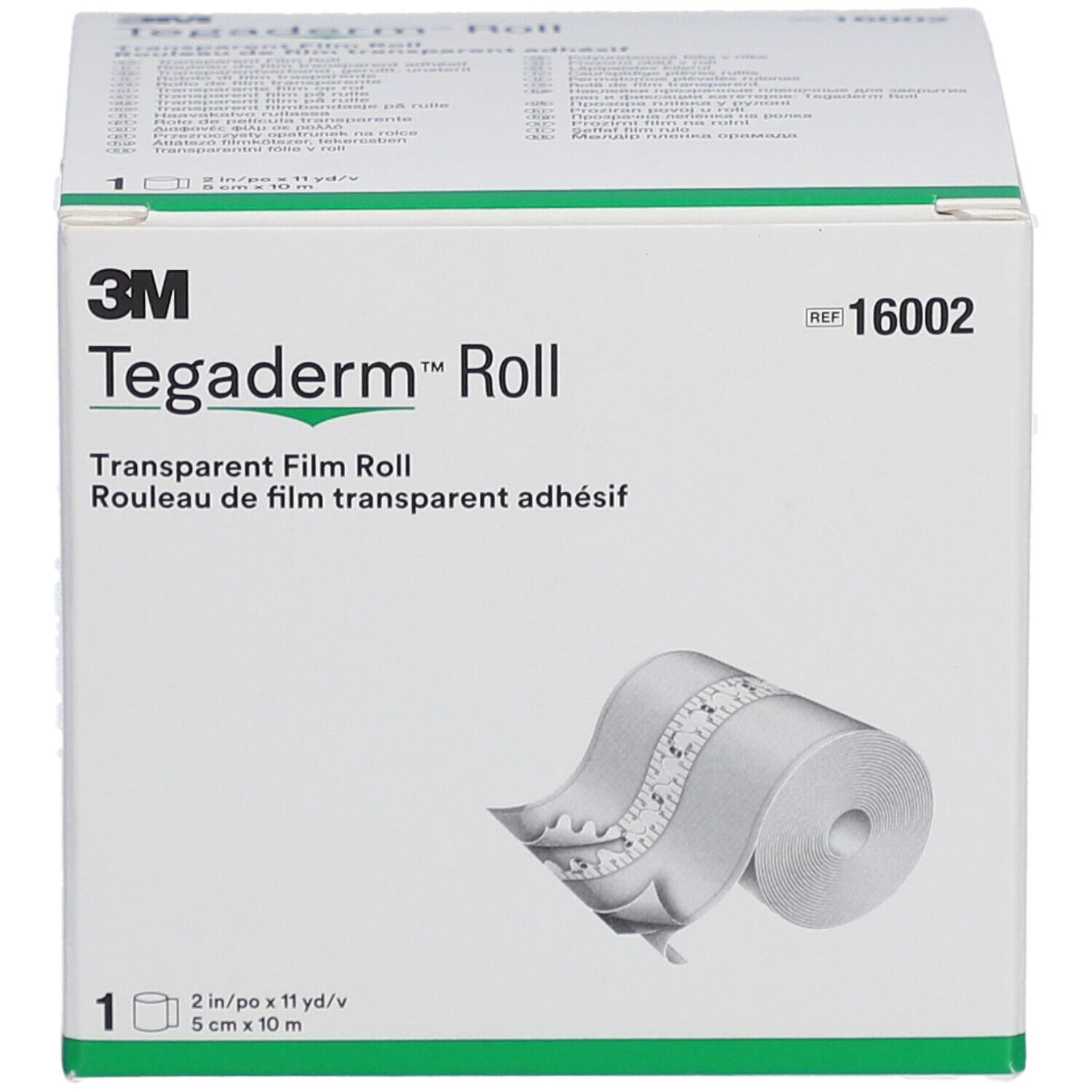 3M Tegaderm Roll Verpackung. Produktname, transparente Folienrolle und Größenangabe: 5 cm x 10 m.