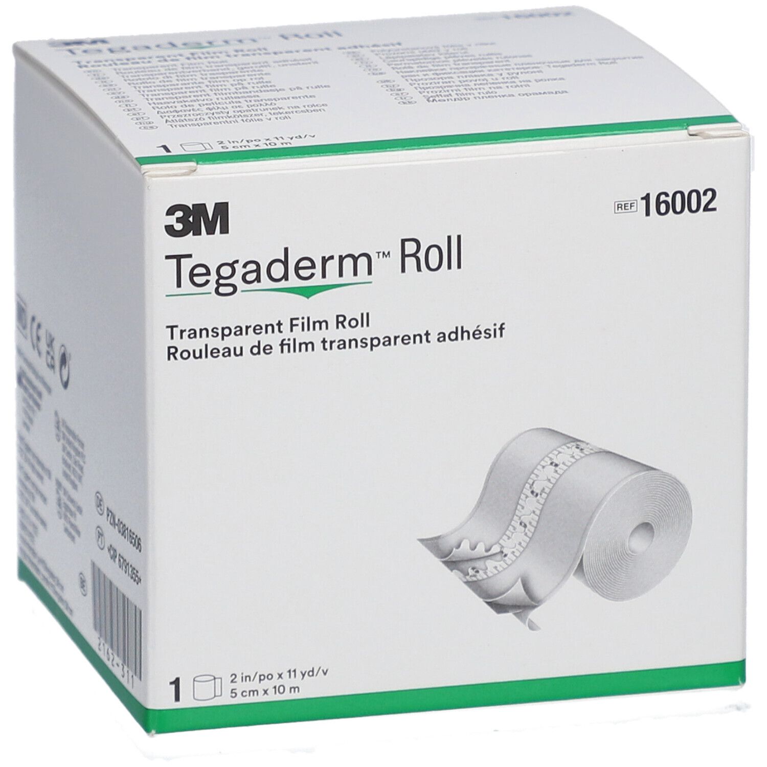 3M Tegaderm Roll Verpackung. Produktname, transparente Folienrolle und Größenangabe: 5 cm x 10 m.