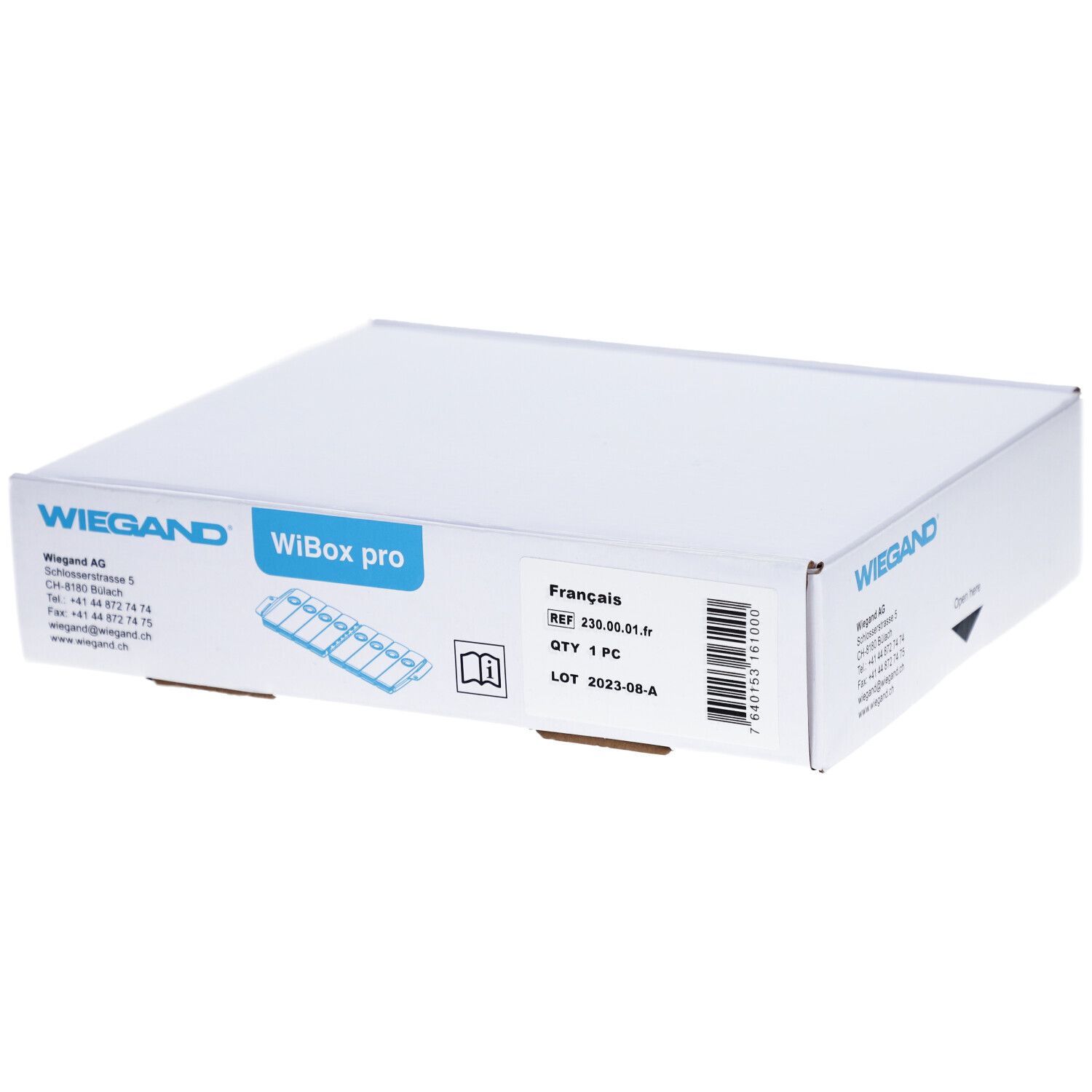 Boîte blanche avec impression WIEGAND, WiBox pro. Étiquette avec informations produit et code-barres.
