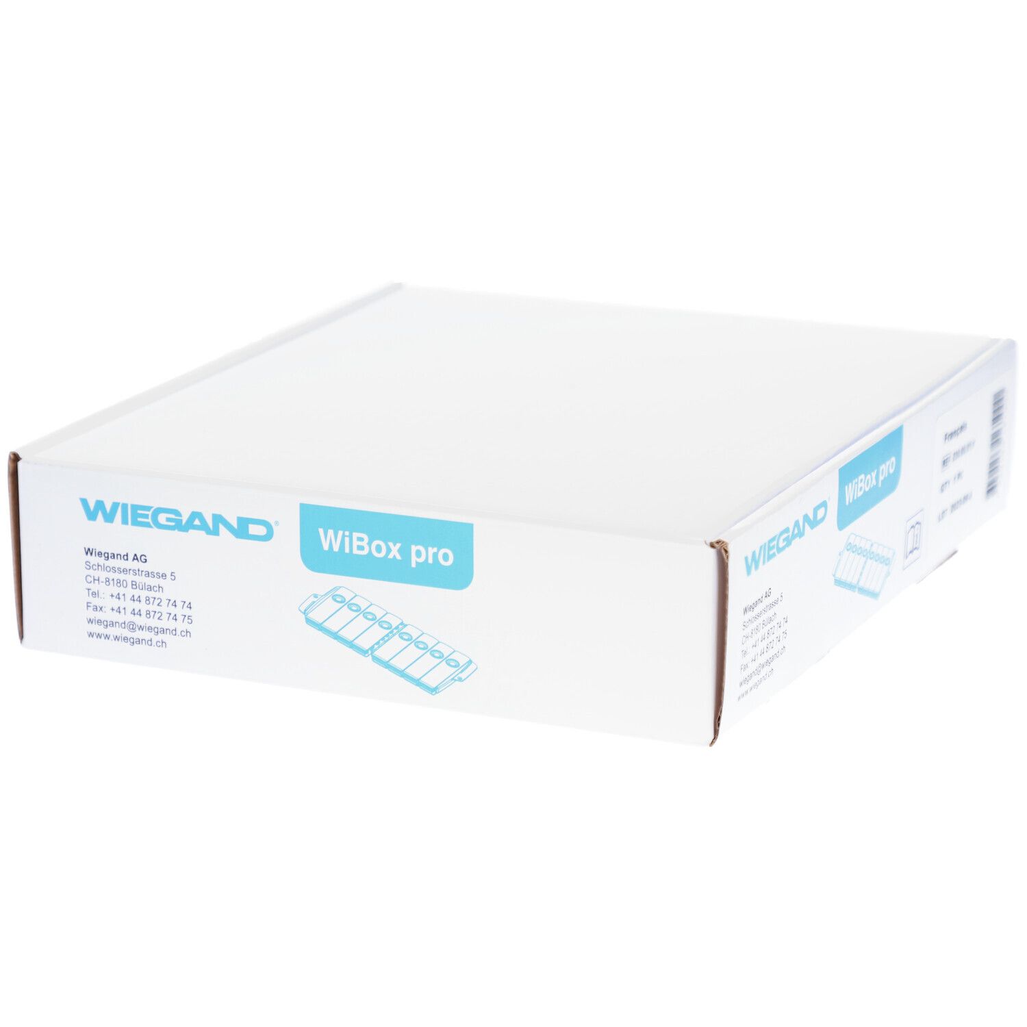 Boîte blanche avec impression WIEGAND, WiBox pro. Vue latérale de l'emballage.