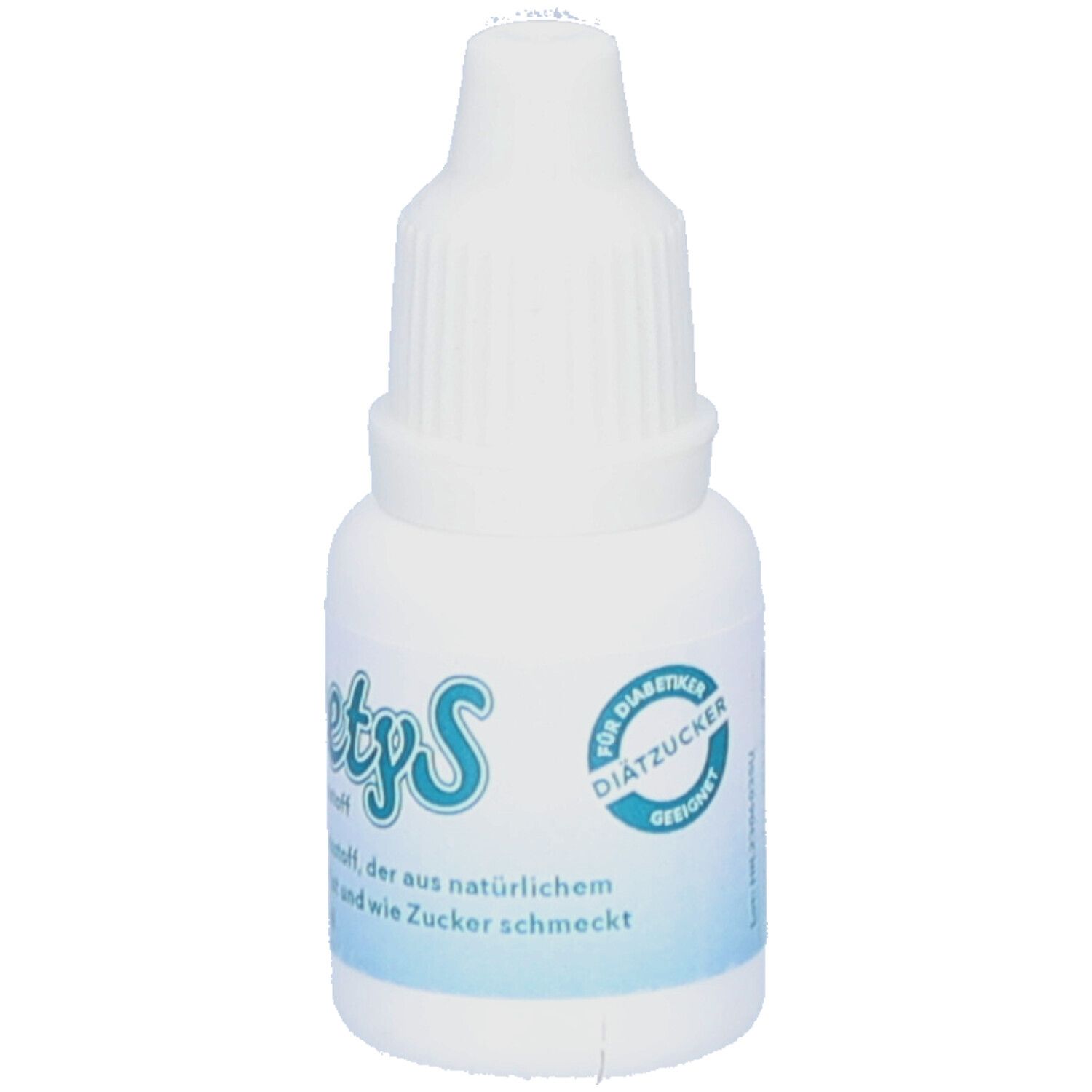Weiße Flasche mit Tropfverschluss. Aufschrift: SweetyS, kalorienfreier Süßstoff. Für Diabetiker geeignet.