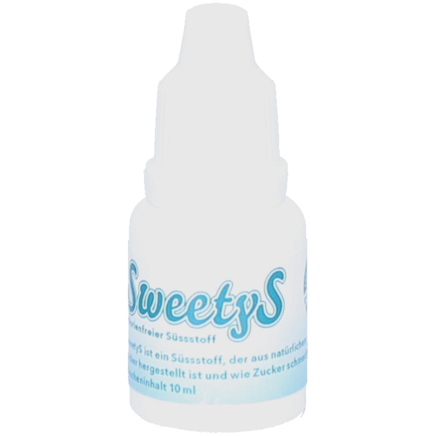 Weiße Flasche mit Tropfverschluss. Aufschrift: SweetyS, kalorienfreier Süßstoff. Text auf Deutsch.