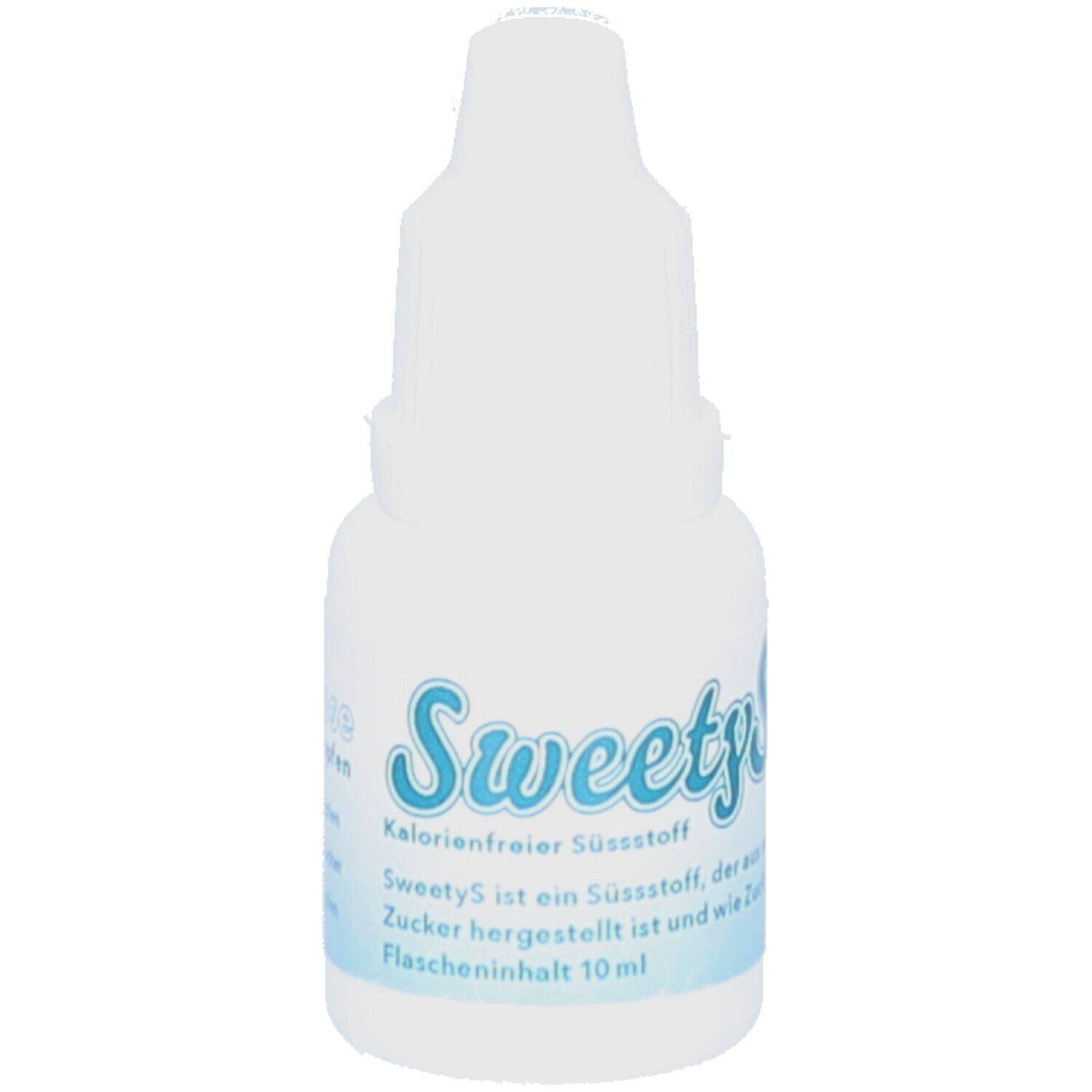 Weiße Flasche mit Tropfverschluss. Aufschrift: SweetyS, kalorienfreier Süßstoff. Text auf Deutsch.