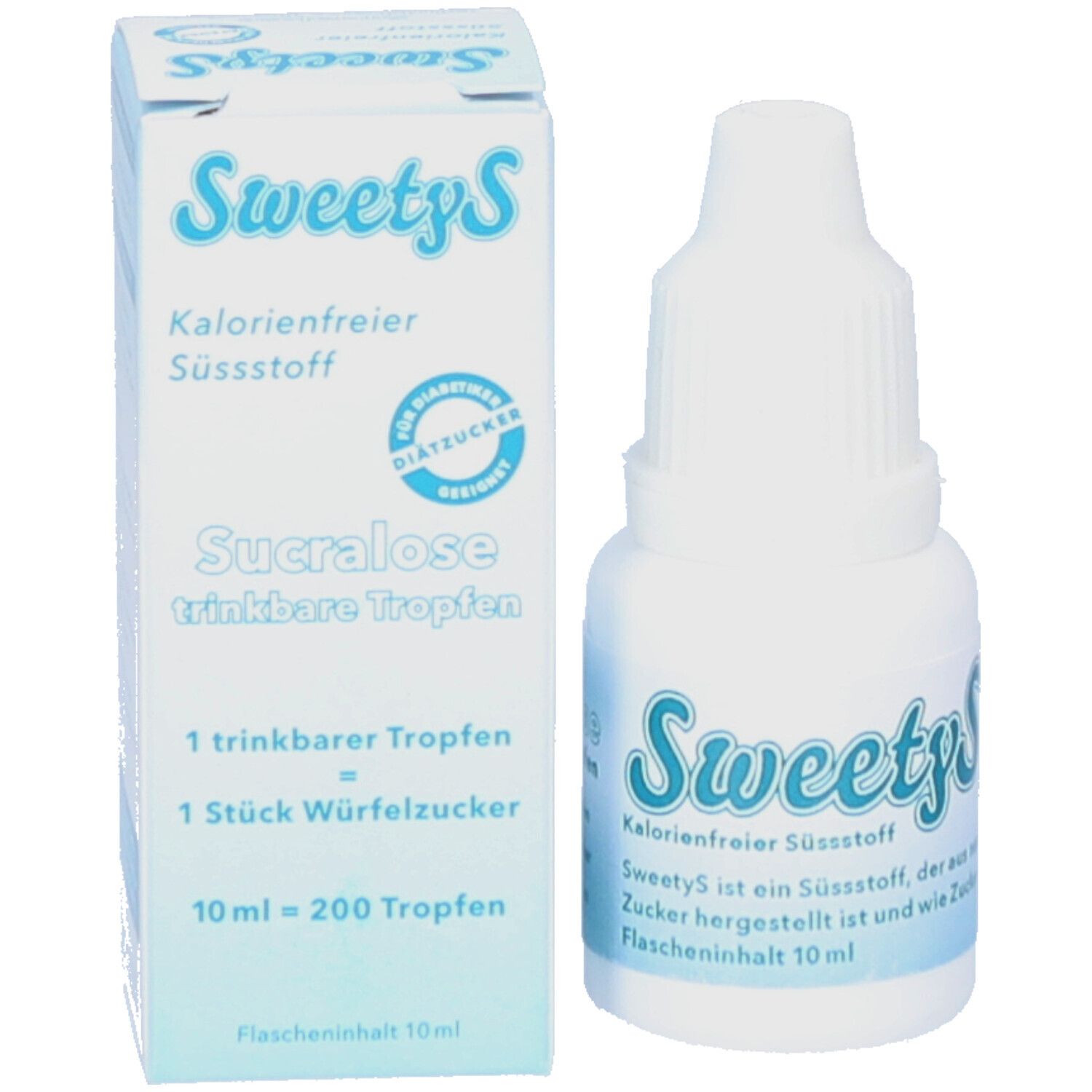 Produktverpackung mit Flasche. Aufschrift: SweetyS, kalorienfreier Süßstoff. Sucralose trinkbare Tropfen. Text auf Deutsch.