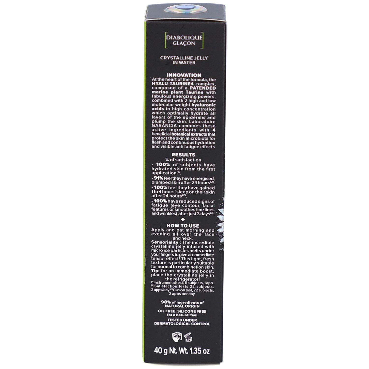 Schwarze Schachtel, Seite mit Text. Enthält Informationen über das Produkt und die Anwendung.