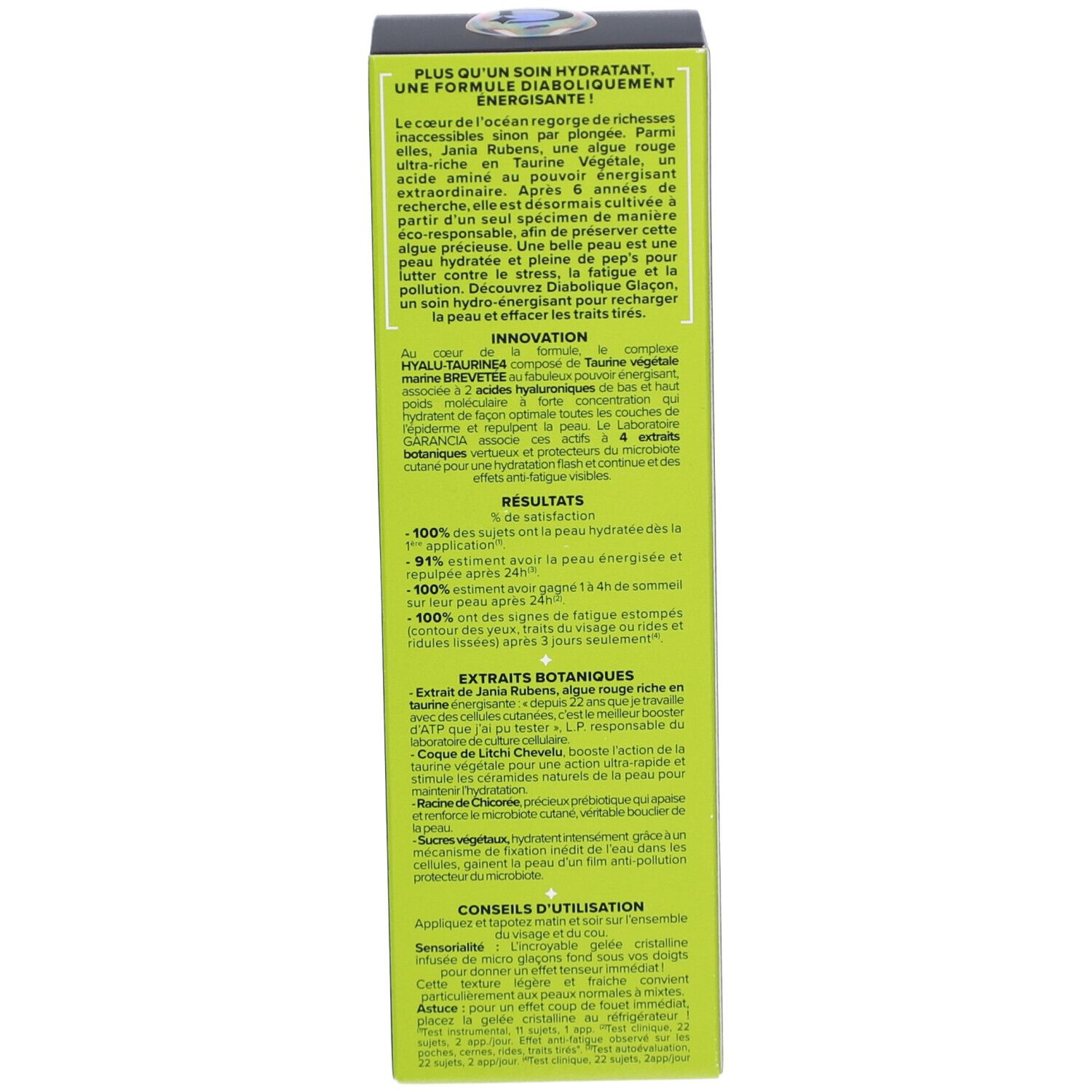 Schwarze Schachtel, Seite mit Text. Enthält Informationen über das Produkt und die Inhaltsstoffe.