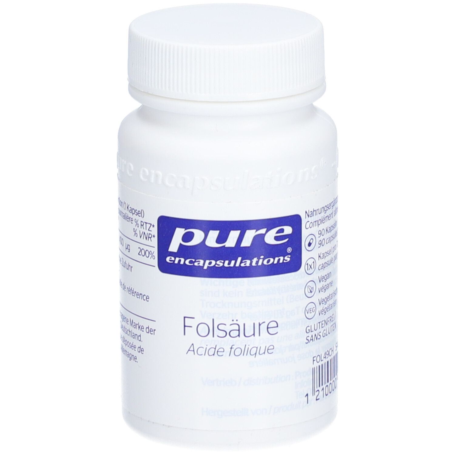 Weiße Flasche mit blauem Etikett. "pure encapsulations" und "Folsäure" sind sichtbar.