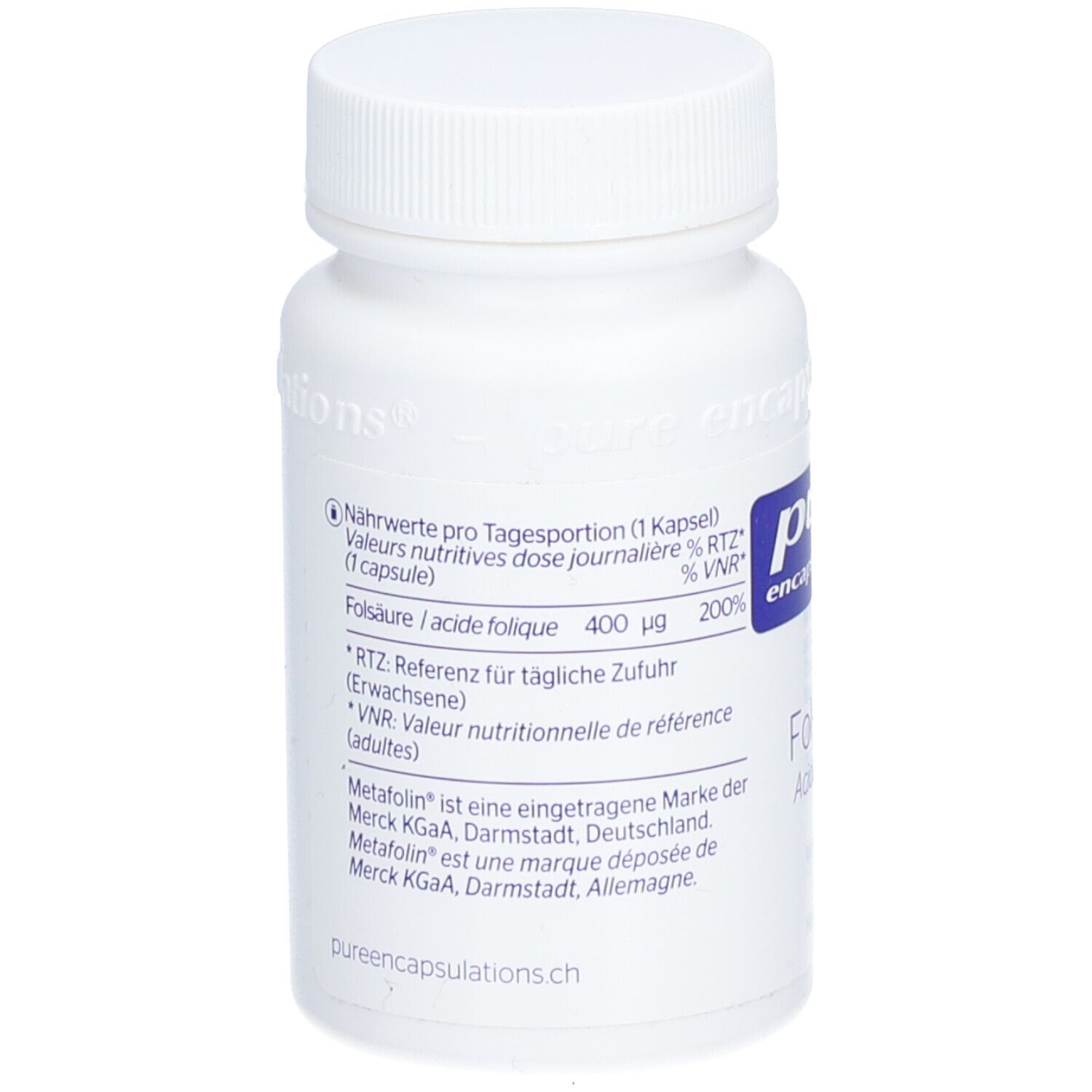 Rückseite der weißen Flasche. Informationen zu Nährwerten und Inhaltsstoffen sind aufgedruckt.
