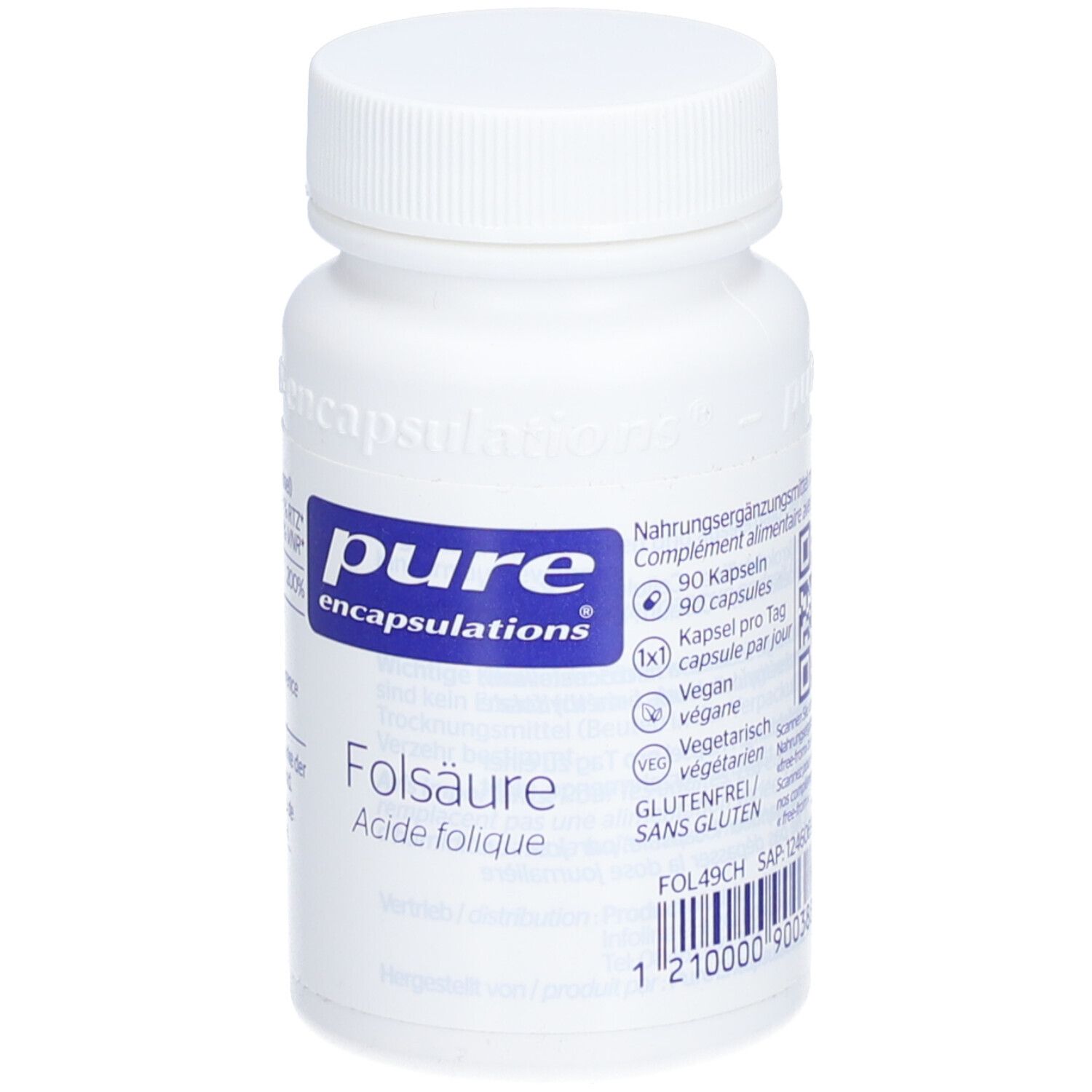 Weiße Flasche mit blauem Etikett. "pure encapsulations" und "Folsäure" sowie Angaben zu Kapseln.