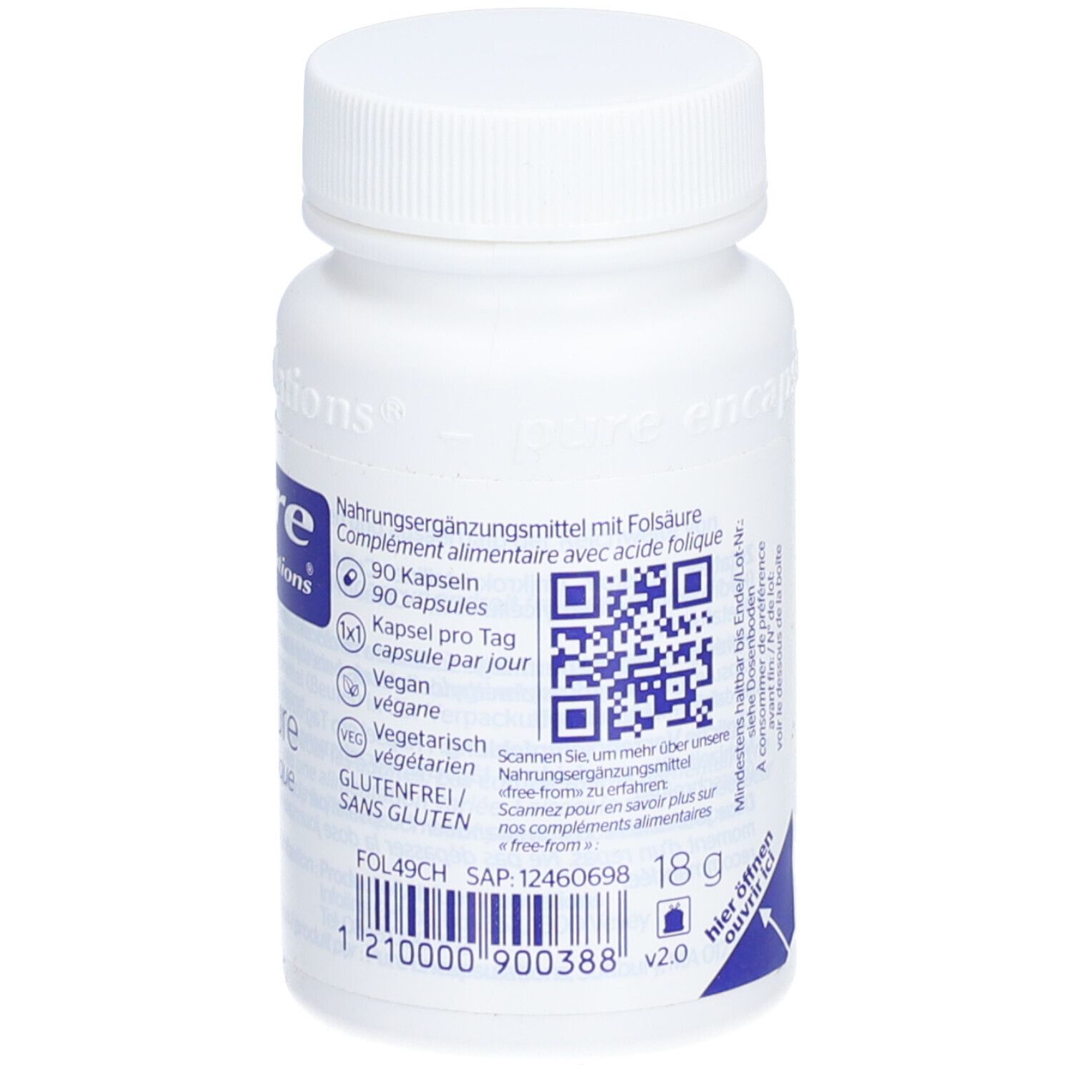 Weiße Flasche mit blauem Etikett. QR-Code und Informationen zu Inhaltsstoffen sind sichtbar.