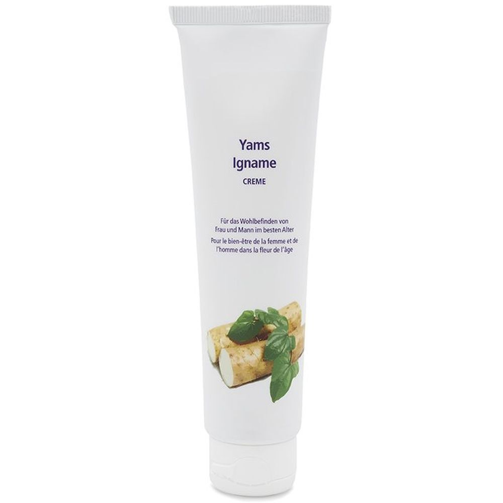 Tube de crème avec nom du produit et illustration d'igname. Texte en allemand et français.
