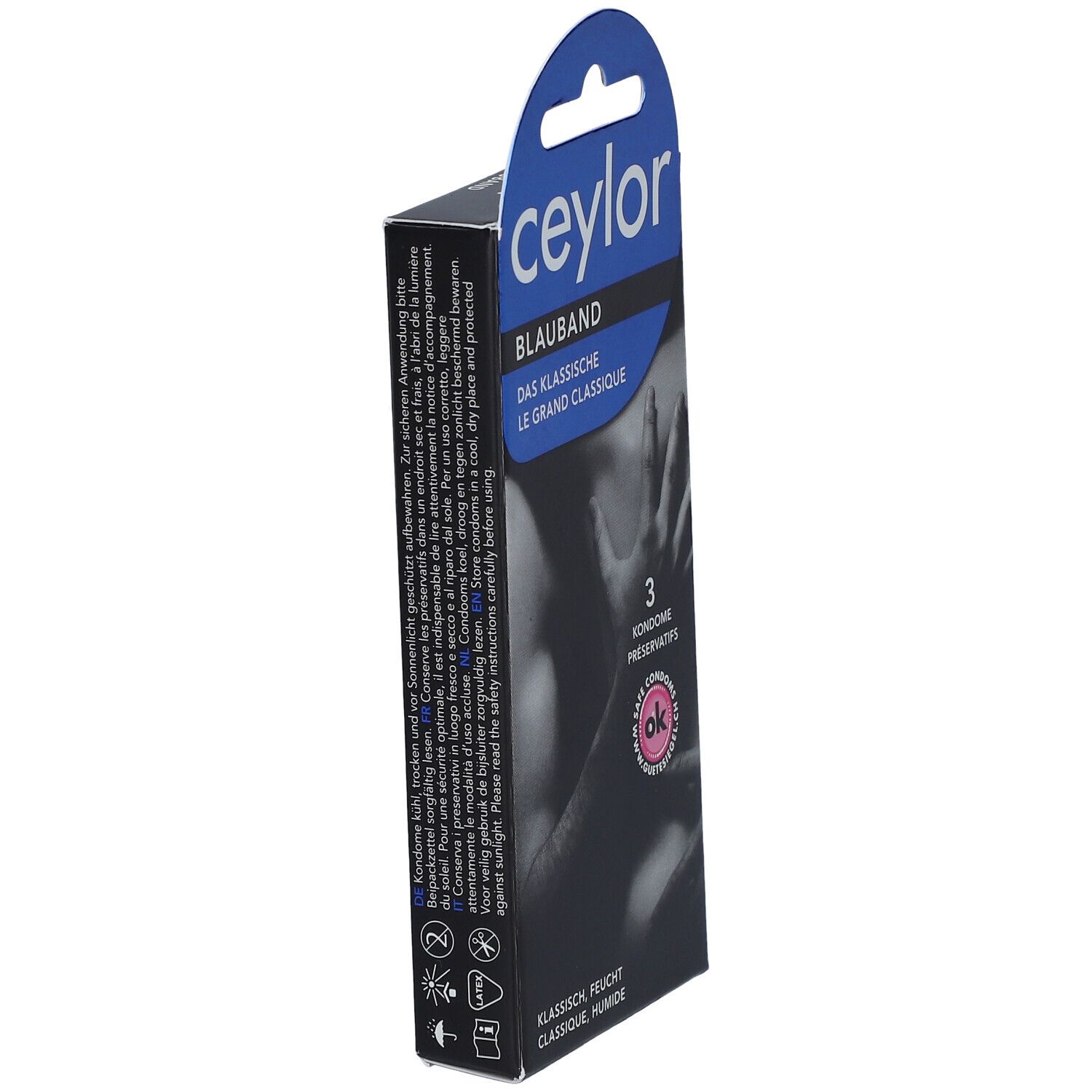 Ceylor Blauband-Verpackung. Schwarze Schachtel mit blauer Oberseite. 3 Kondome. OK-Siegel.