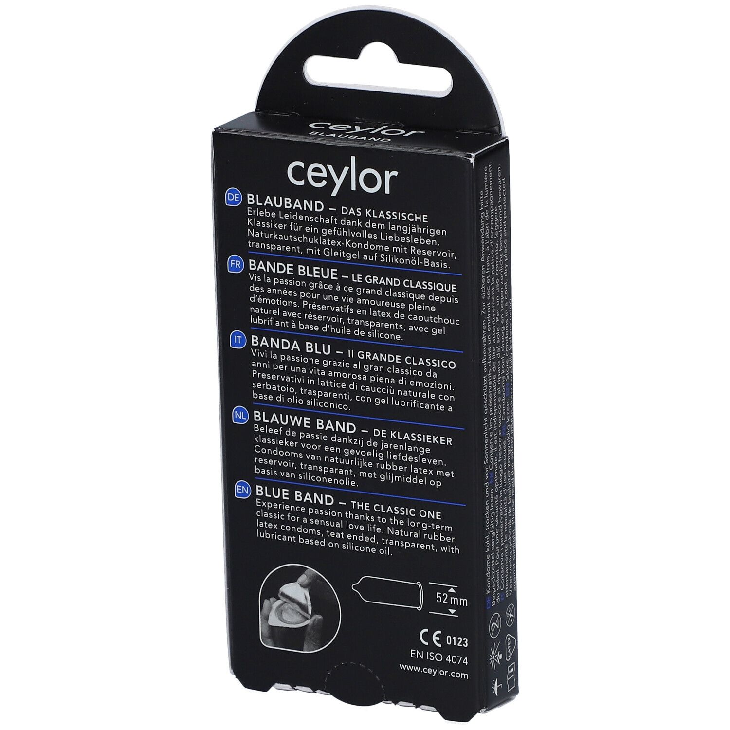 Rückseite der Ceylor Blauband-Verpackung. Text in Deutsch, Französisch, Italienisch und Niederländisch. 52 mm.