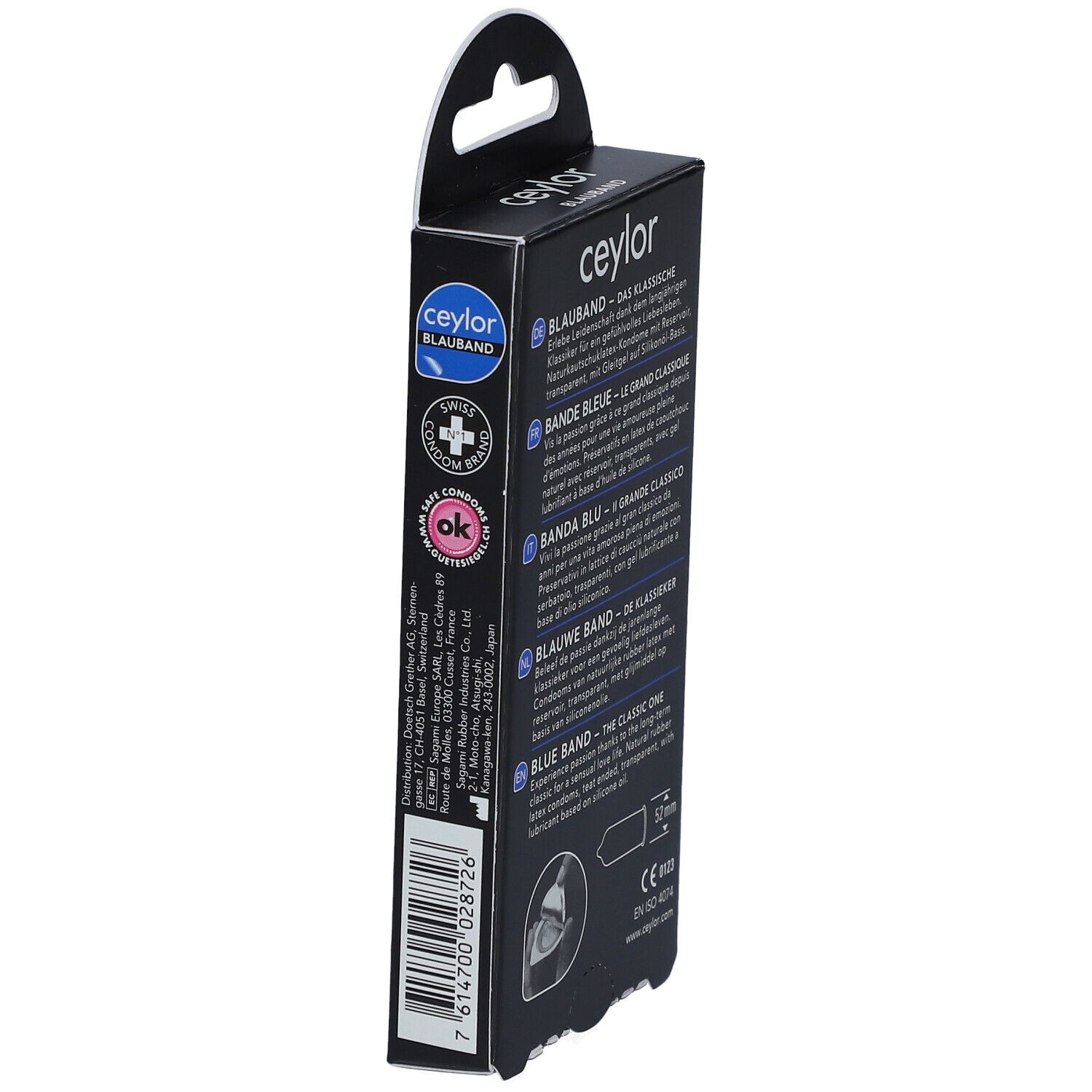 Ceylor Blauband-Verpackung. Seitenansicht. Text in mehreren Sprachen. OK-Siegel. 52 mm.