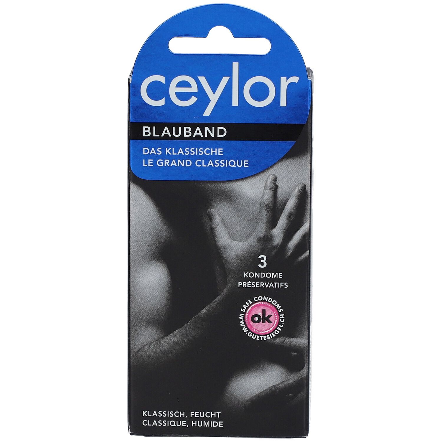 Ceylor Blauband-Schachtel. Blaue und schwarze Verpackung. 3 Kondome. OK-Siegel.