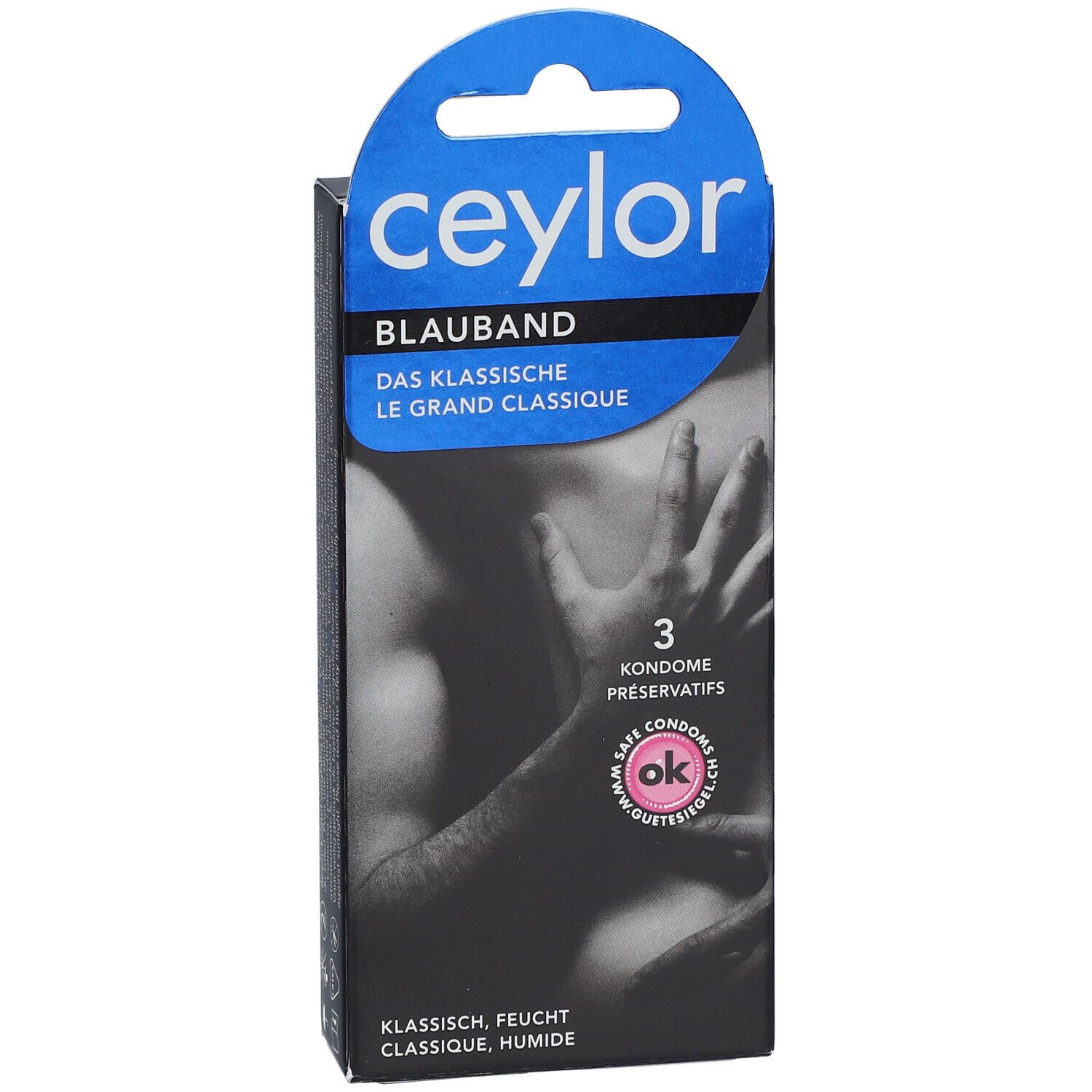 Ceylor Blauband-Schachtel. Blaue und schwarze Verpackung. 3 Kondome. OK-Siegel.