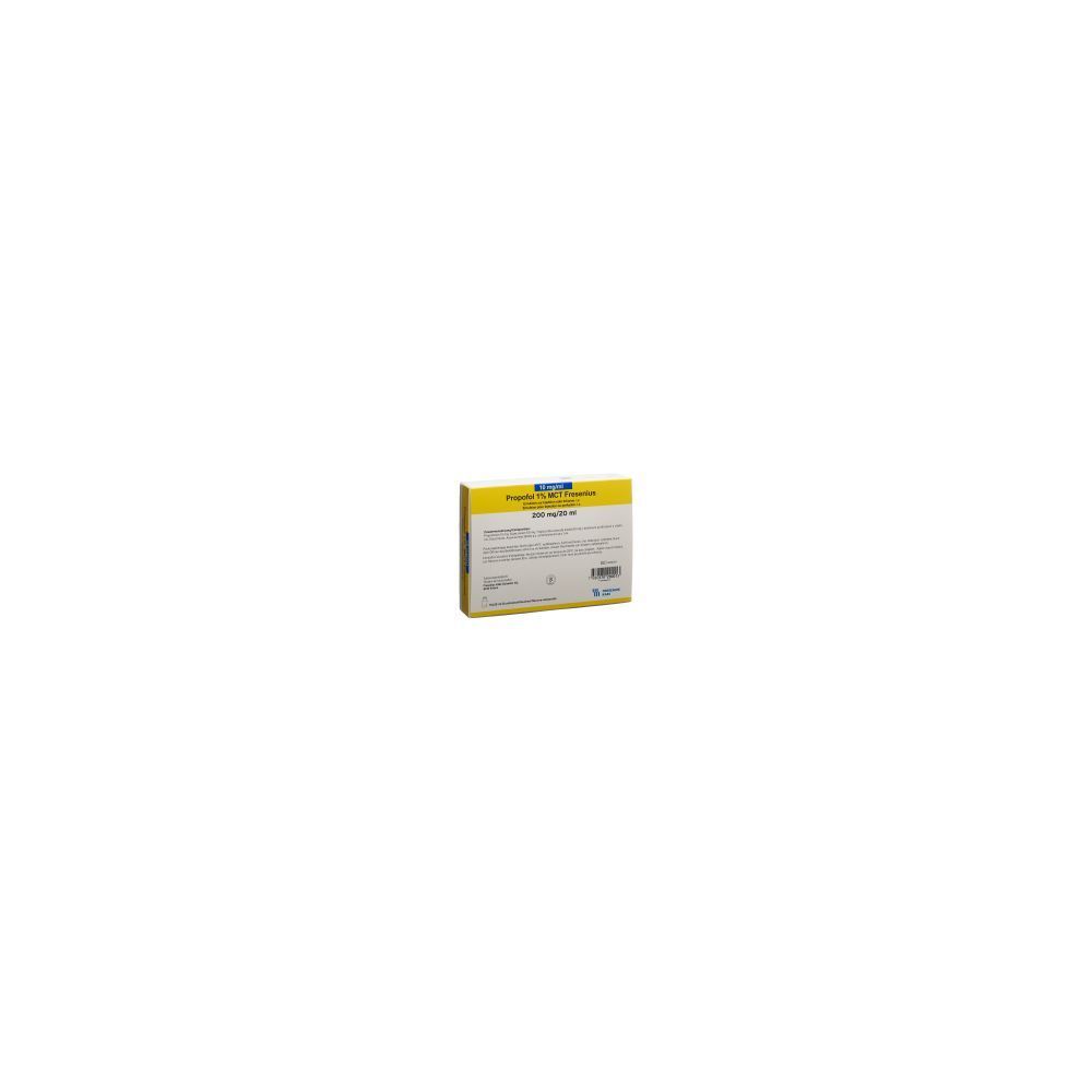 Gelbe Produktverpackung mit Text. Oben steht "PROPOFOL 1% MCT Fresenius". Weitere Textinformationen sind sichtbar.
