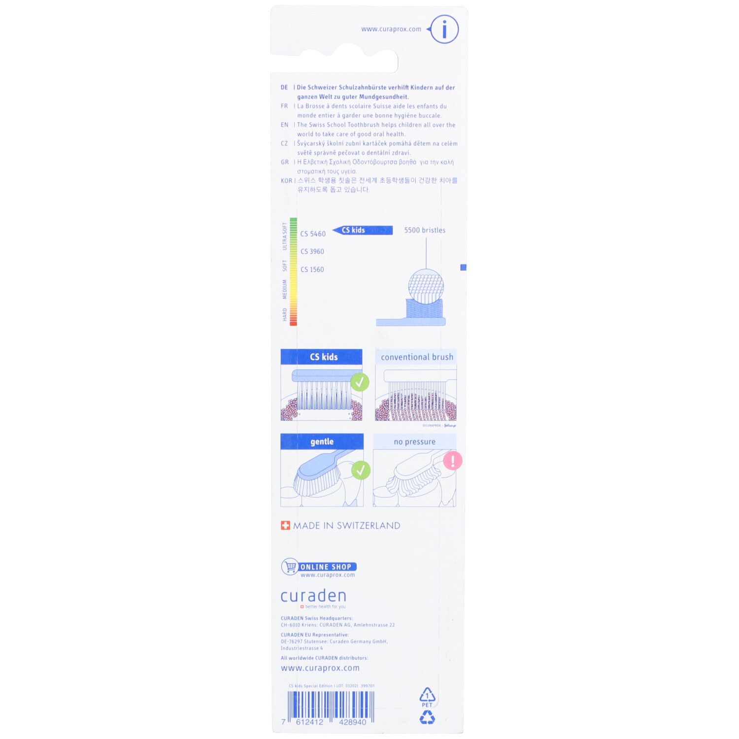 Rückseite der Verpackung mit Informationen. Diagramme und Text in verschiedenen Sprachen.