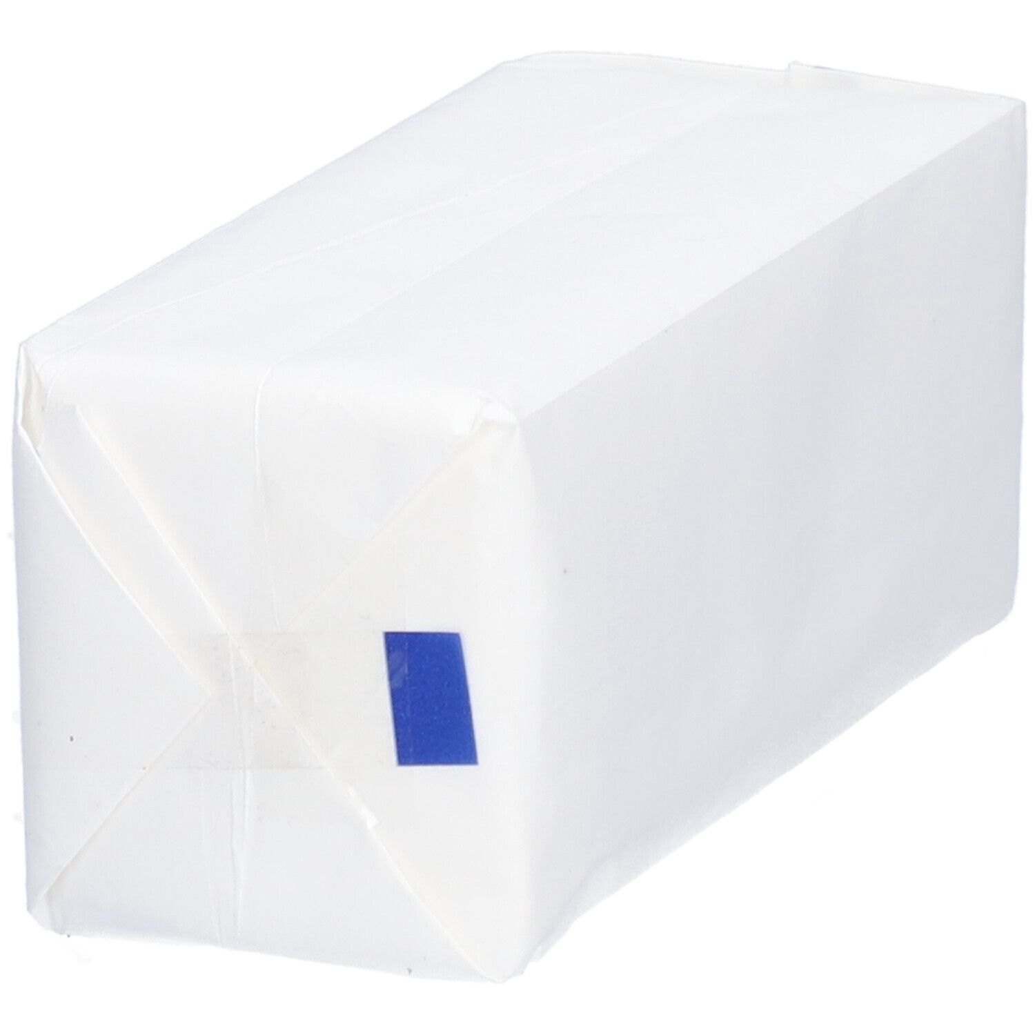 Schrägansicht der verpackten HARTMANN Kompressen. Weiße Verpackung mit blauem Aufkleber. Eckige Form.