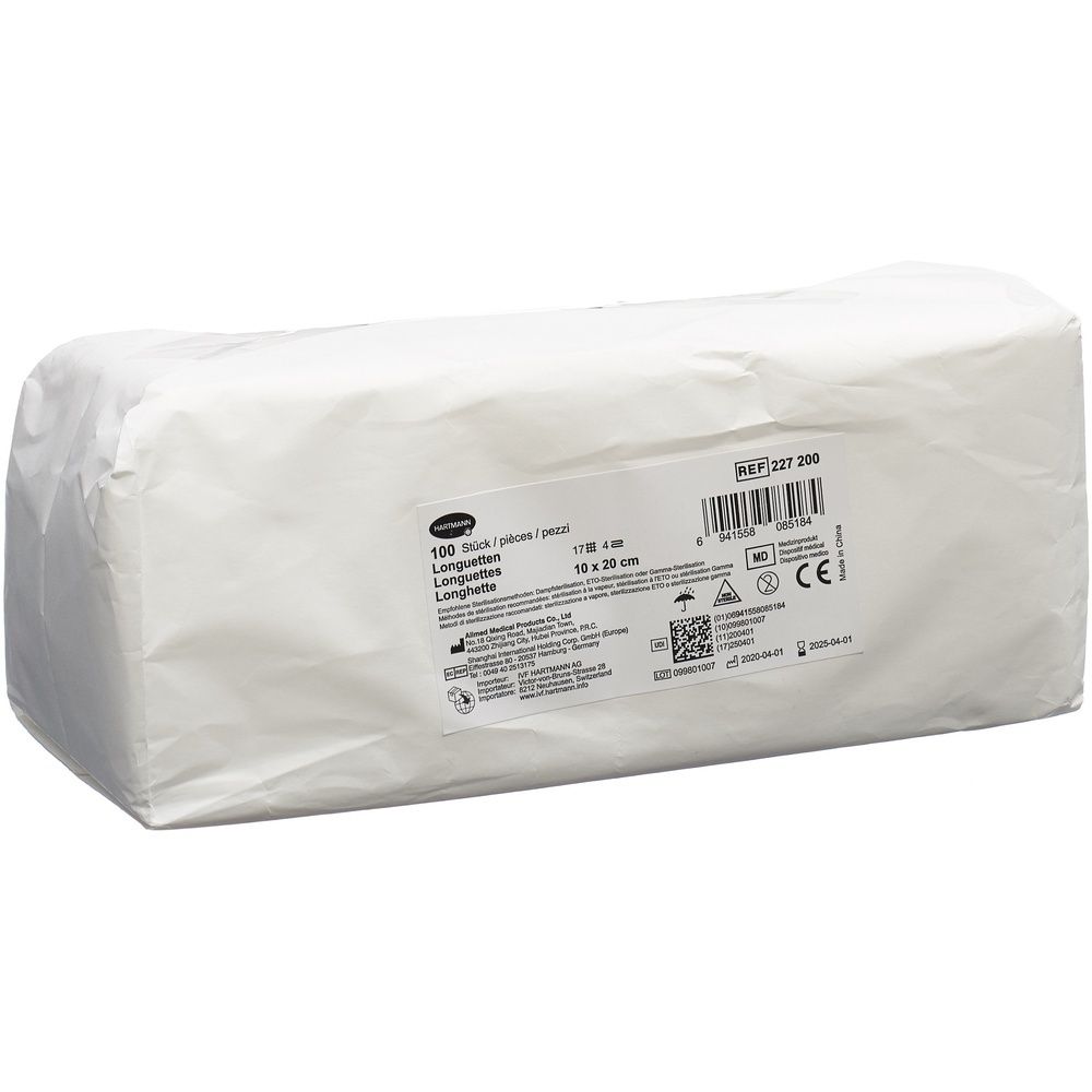 Paquet rectangulaire blanc avec informations produit. Inscriptions: IVF Longuetten, 10 x 20 cm, REF 227 200.