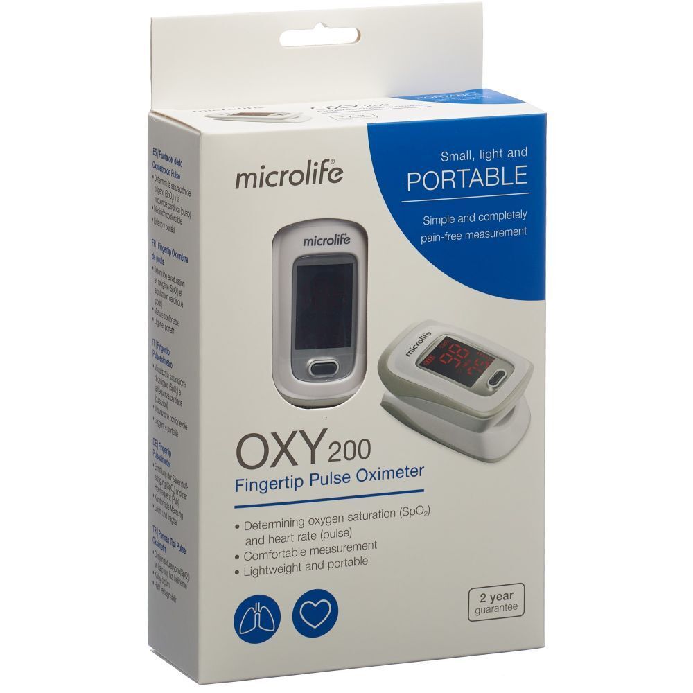 Oxy 200 Pulsoximeter in Verpackung. Weißes Gerät mit Display. Microlife-Logo und Produktbezeichnung.