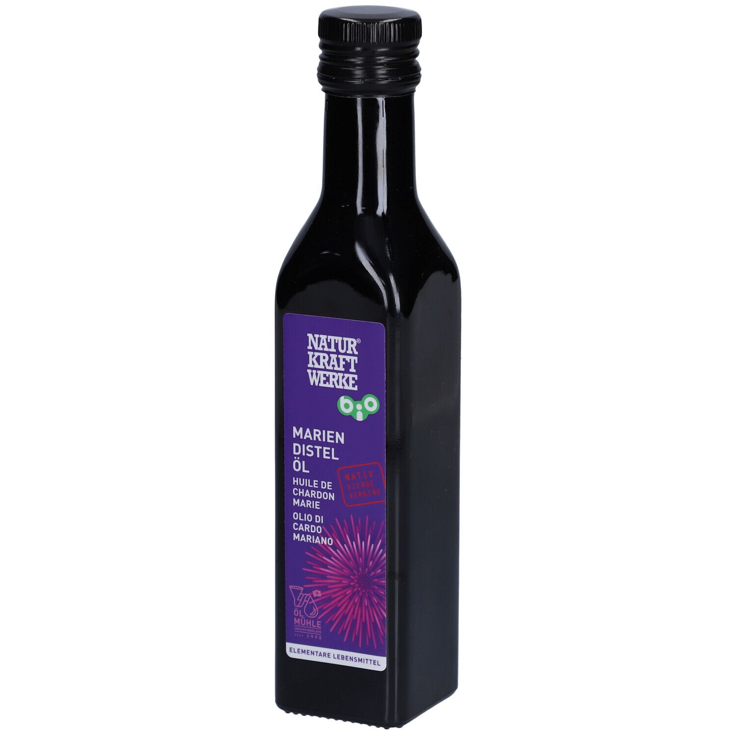Dunkle Flasche mit lila Etikett. Aufschrift: NATURKRAFTWERKE, Mariendistel Öl. Bio-Siegel. Schwarzer Schraubverschluss.