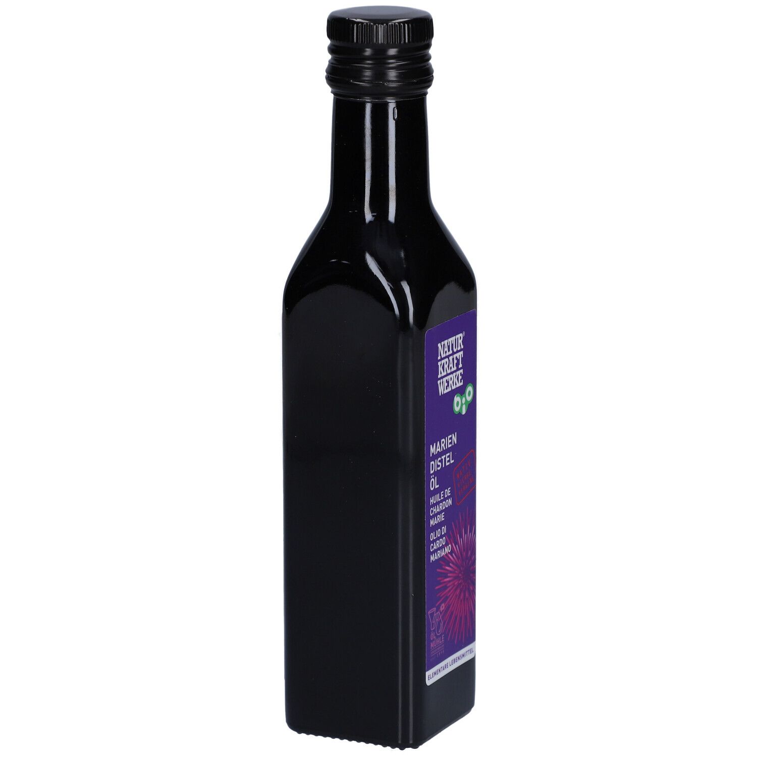 Dunkle Flasche mit lila Etikett. Aufschrift: NATURKRAFTWERKE, Mariendistel Öl. Bio-Siegel. Schwarzer Schraubverschluss.