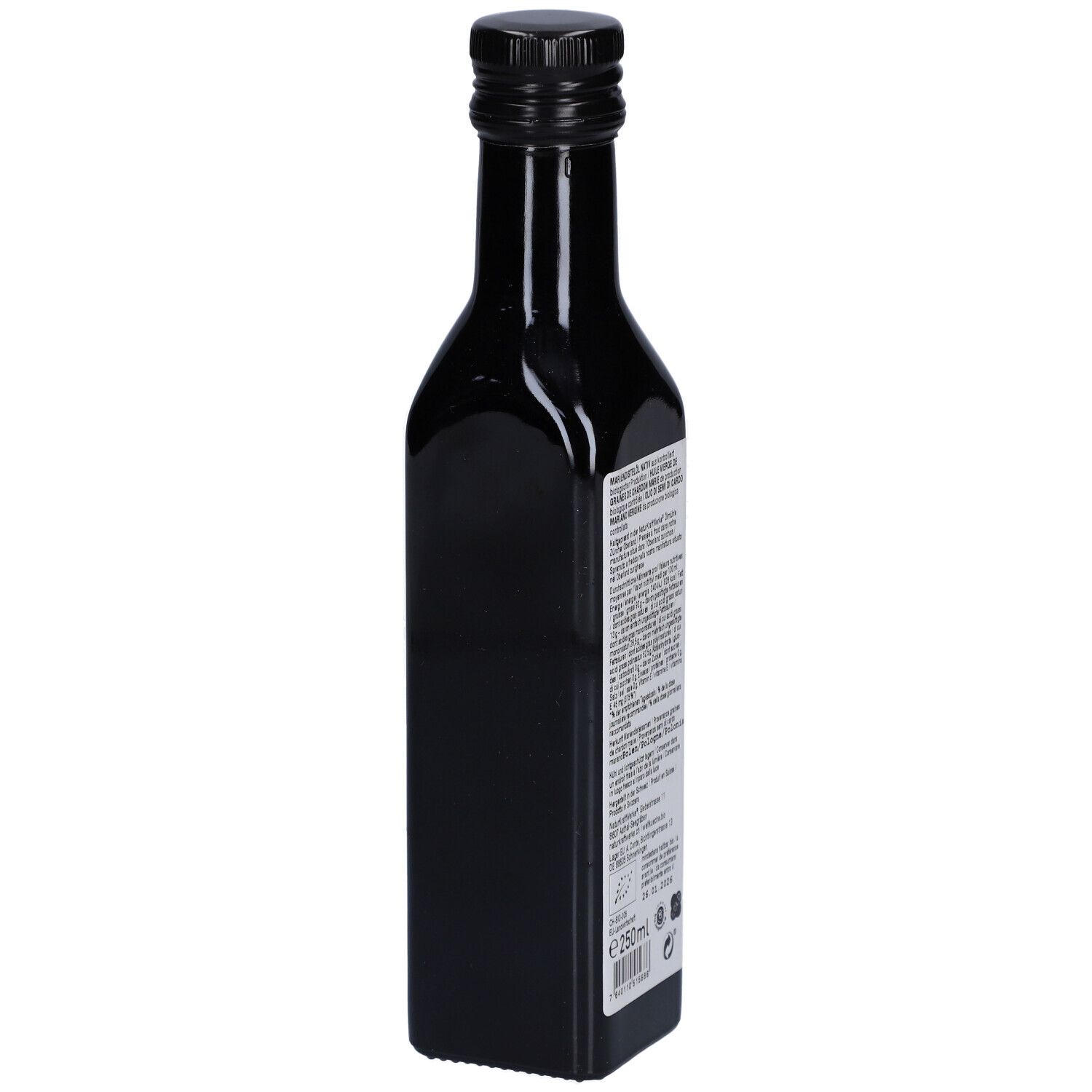 Dunkle Flasche, Rückseite mit Text. Aufschrift: e 250ml. Bio-Siegel. Schwarzer Schraubverschluss.