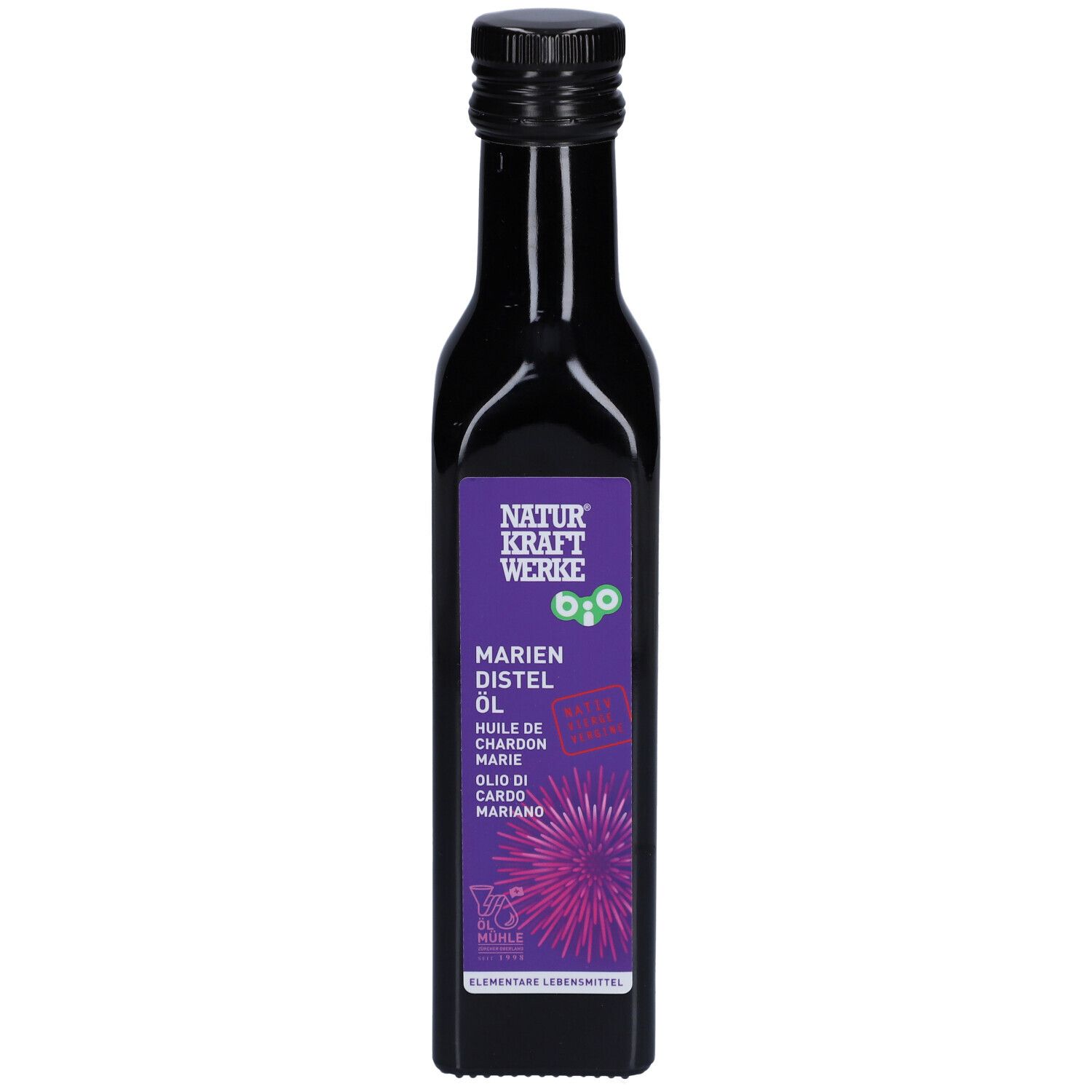 Dunkle Flasche mit lila Etikett. Aufschrift: NATURKRAFTWERKE, Mariendistel Öl. Bio-Siegel. Schwarzer Schraubverschluss.