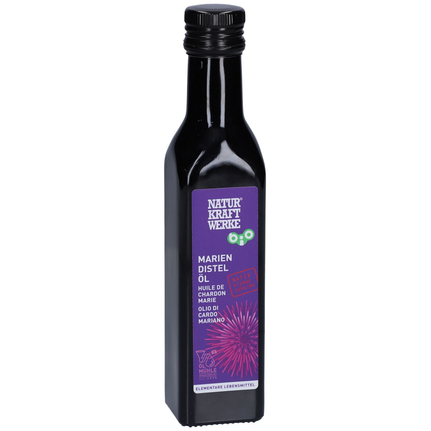 Dunkle Flasche mit lila Etikett. Aufschrift: NATURKRAFTWERKE, Mariendistel Öl. Bio-Siegel. Schwarzer Schraubverschluss.