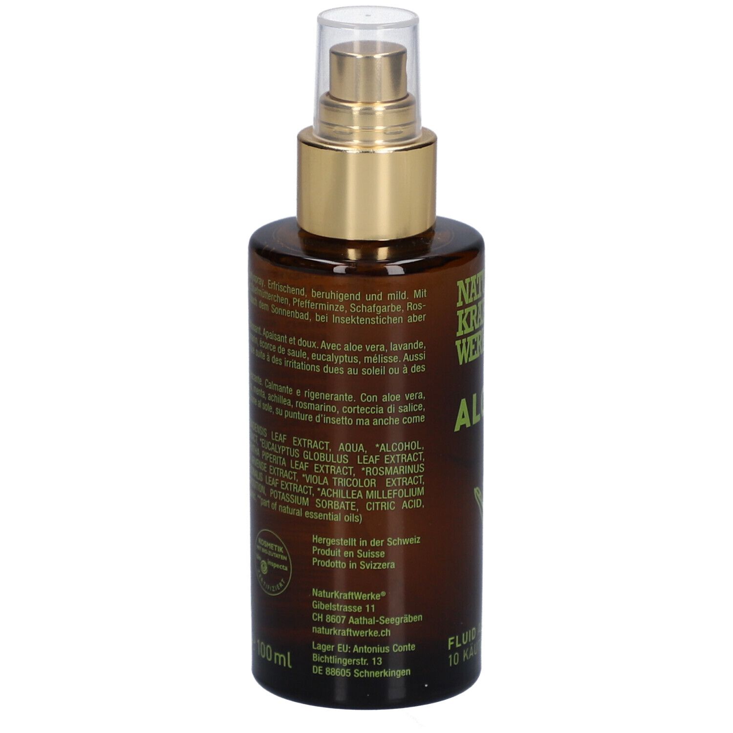 Rückseite der braunen Flasche. Text in mehreren Sprachen. Aufschrift: NATURKRAFTWERKE. Inhaltsstoffe. Hergestellt in der Schweiz. 100ml.