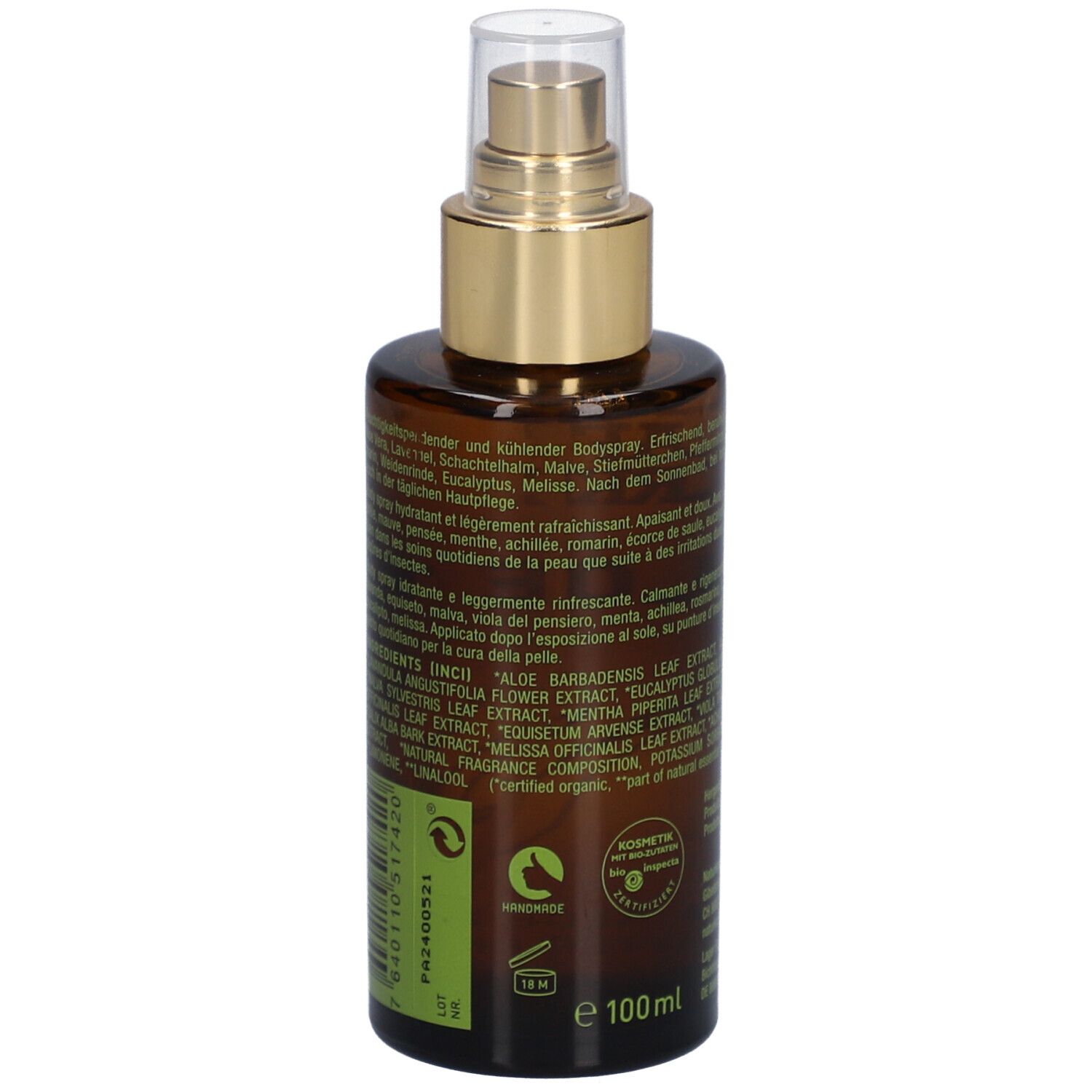 Rückseite der braunen Flasche. Text in mehreren Sprachen. Aufschrift: NATURKRAFTWERKE. Inhaltsstoffe. Zertifiziert organic. 100ml.
