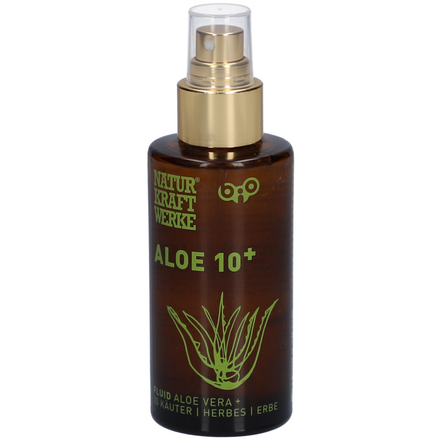 Braune Flasche mit Sprühkopf. Aufschrift: NATURKRAFTWERKE Aloe 10+. Abbildung einer Aloe Vera Pflanze. Text: Fluid Aloe Vera + 10 Kräuter.