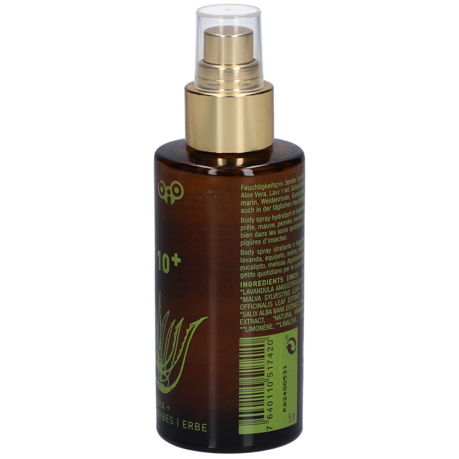 Braune Flasche mit Sprühkopf. Aufschrift: NATURKRAFTWERKE Aloe 10+. Abbildung einer Aloe Vera Pflanze. Text: Fluid Aloe Vera + 10 Kräuter. 100ml.