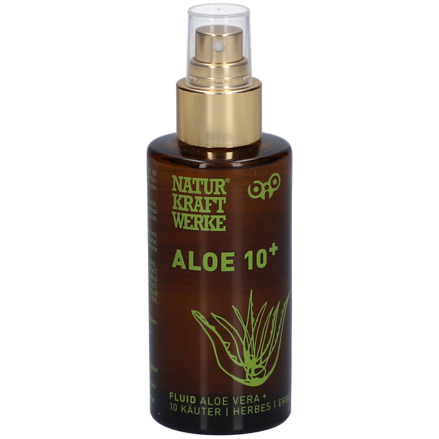 Braune Flasche mit Sprühkopf. Aufschrift: NATURKRAFTWERKE Aloe 10+. Abbildung einer Aloe Vera Pflanze. Text: Fluid Aloe Vera + 10 Kräuter.