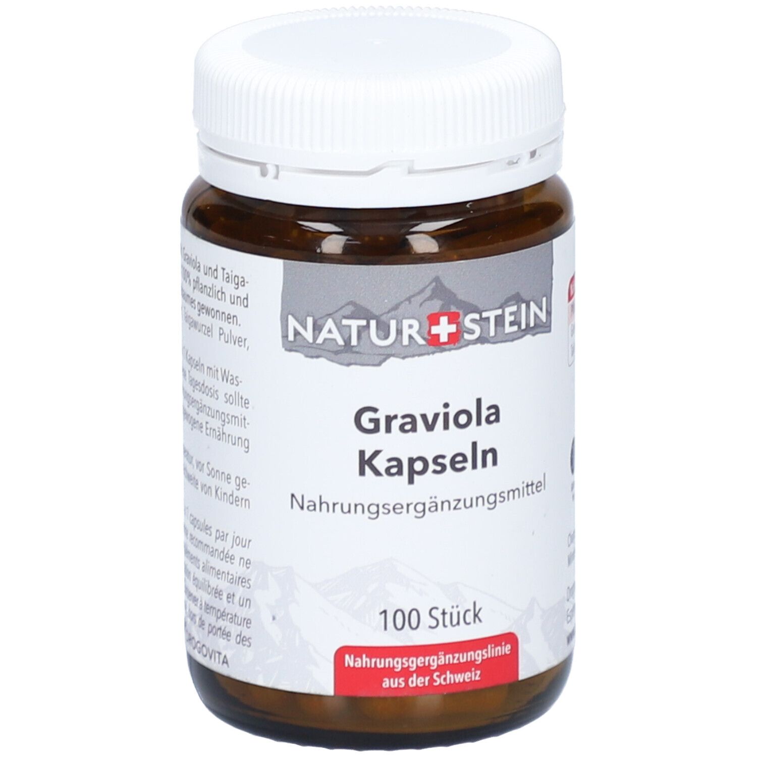 Braune Glasflasche mit weißem Deckel. Etikett mit "NATURSTEIN", "Graviola Kapseln", "100 Stück". Nahrungsergänzungsmittel.