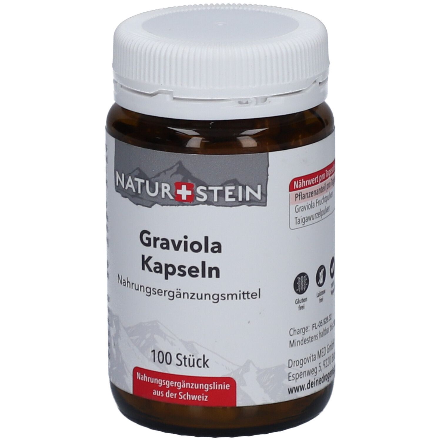 Braune Glasflasche mit weißem Deckel. Etikett mit "NATURSTEIN", "Graviola Kapseln", "100 Stück". Symbole für glutenfrei, laktosefrei, vegan.