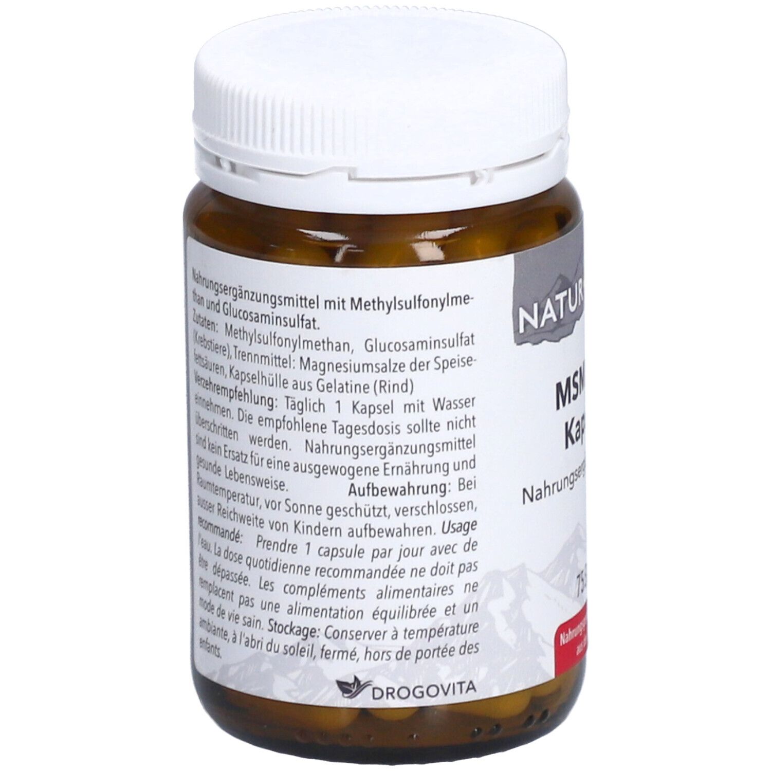 Braune Glasflasche mit weißem Deckel. Rückseite mit Text. Inhaltsstoffe: Methylsulfonylmethan, Glucosaminsulfat. Aufbewahrungshinweis.