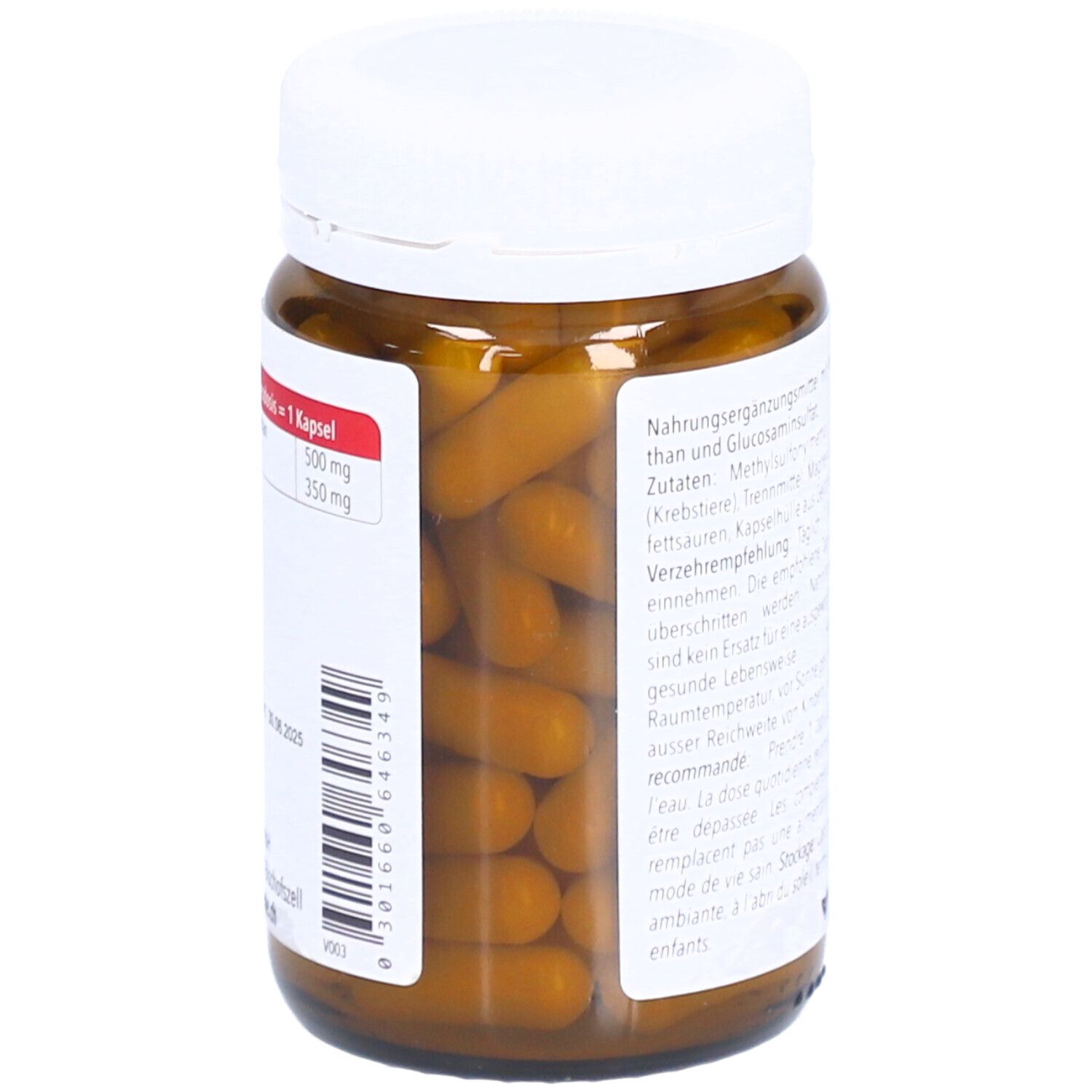 Braune Glasflasche mit weißem Deckel. Kapseln sichtbar. Aufschrift: NATUR+STEIN. Inhalt: 1 Kapsel: 500mg MSM, 350mg Glucosaminsulfat.