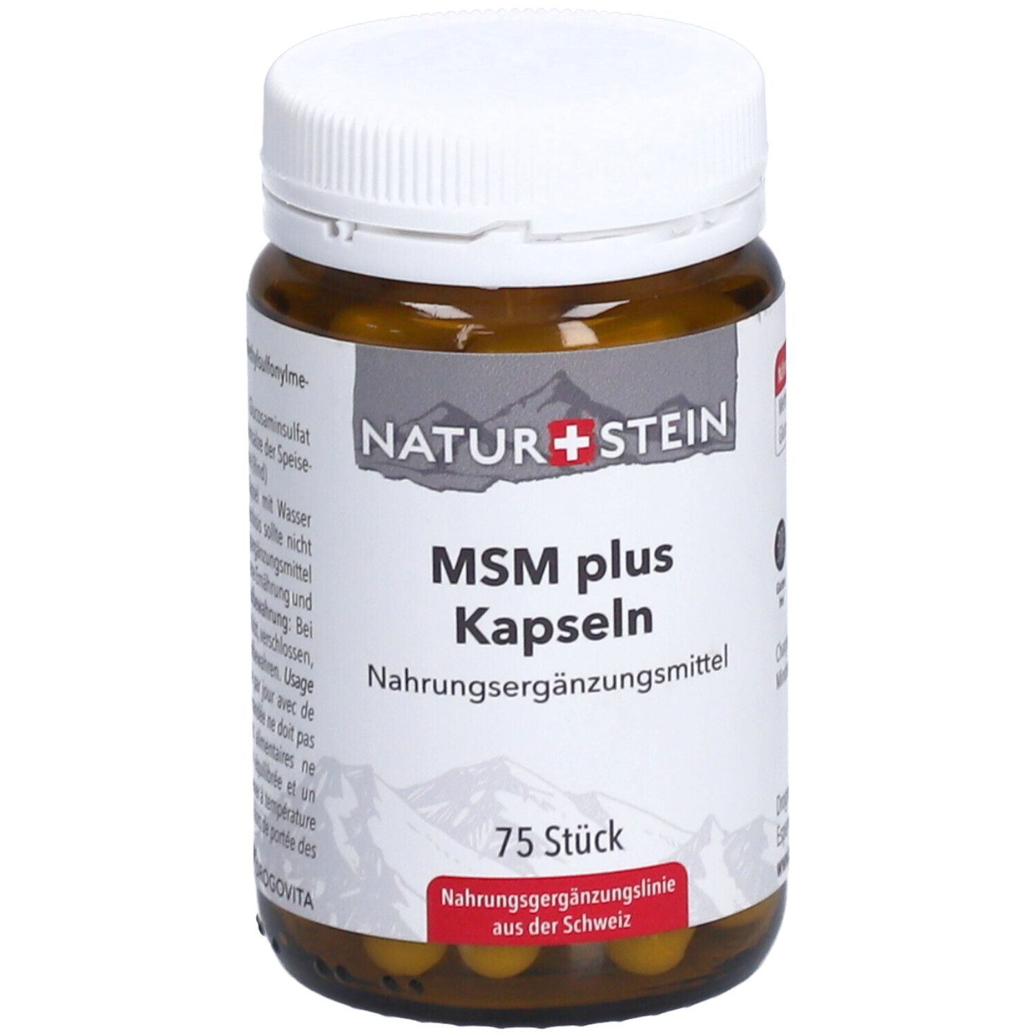 Braune Glasflasche mit weißem Deckel. Aufschrift: NATUR+STEIN MSM plus Kapseln. 75 Stück. Nahrungsergänzungsmittel.