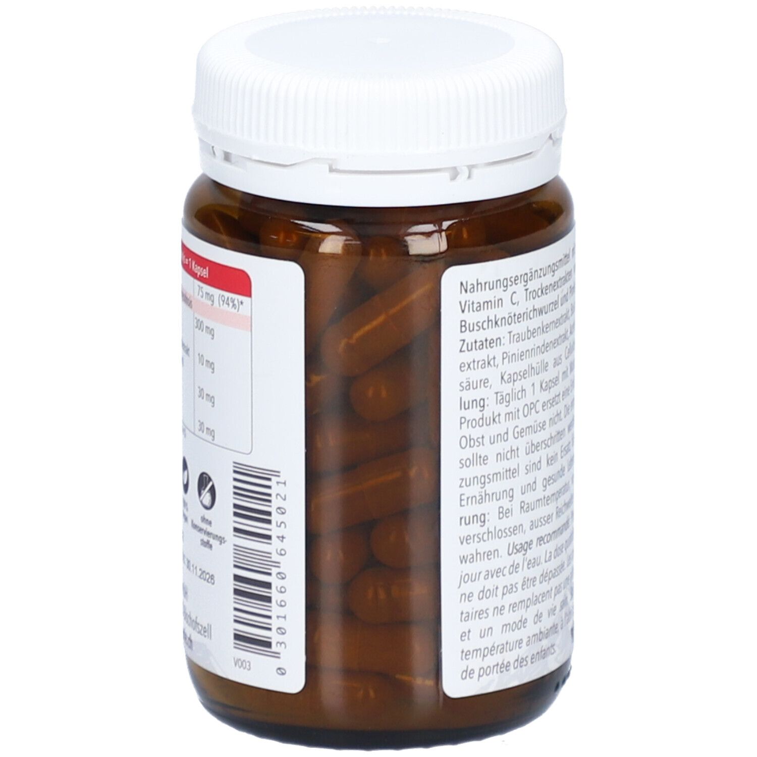 Flacon en verre brun avec couvercle blanc. Capsules brunes visibles. Informations nutritionnelles et ingrédients sur le côté.