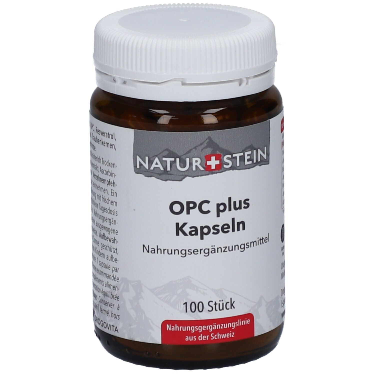 Flacon en verre brun avec couvercle blanc. L'étiquette indique "NATUR+STEIN OPC plus Kapseln". 100 pièces. Complément alimentaire.