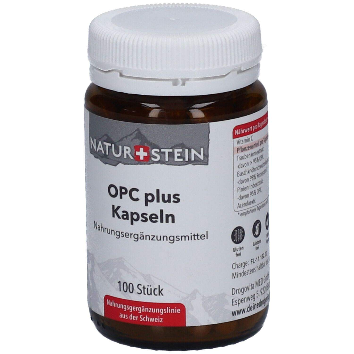 Flacon en verre brun avec couvercle blanc. "NATUR+STEIN OPC plus Kapseln". 100 pièces. Sans gluten, sans lactose.