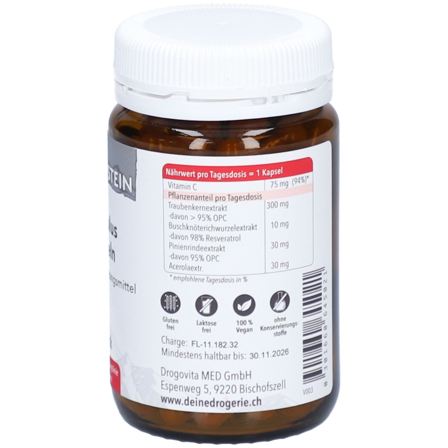 Flacon brun avec couvercle blanc. Informations nutritionnelles par capsule. Sans gluten, sans lactose, végétalien. A consommer de préférence avant le 30.11.2026.