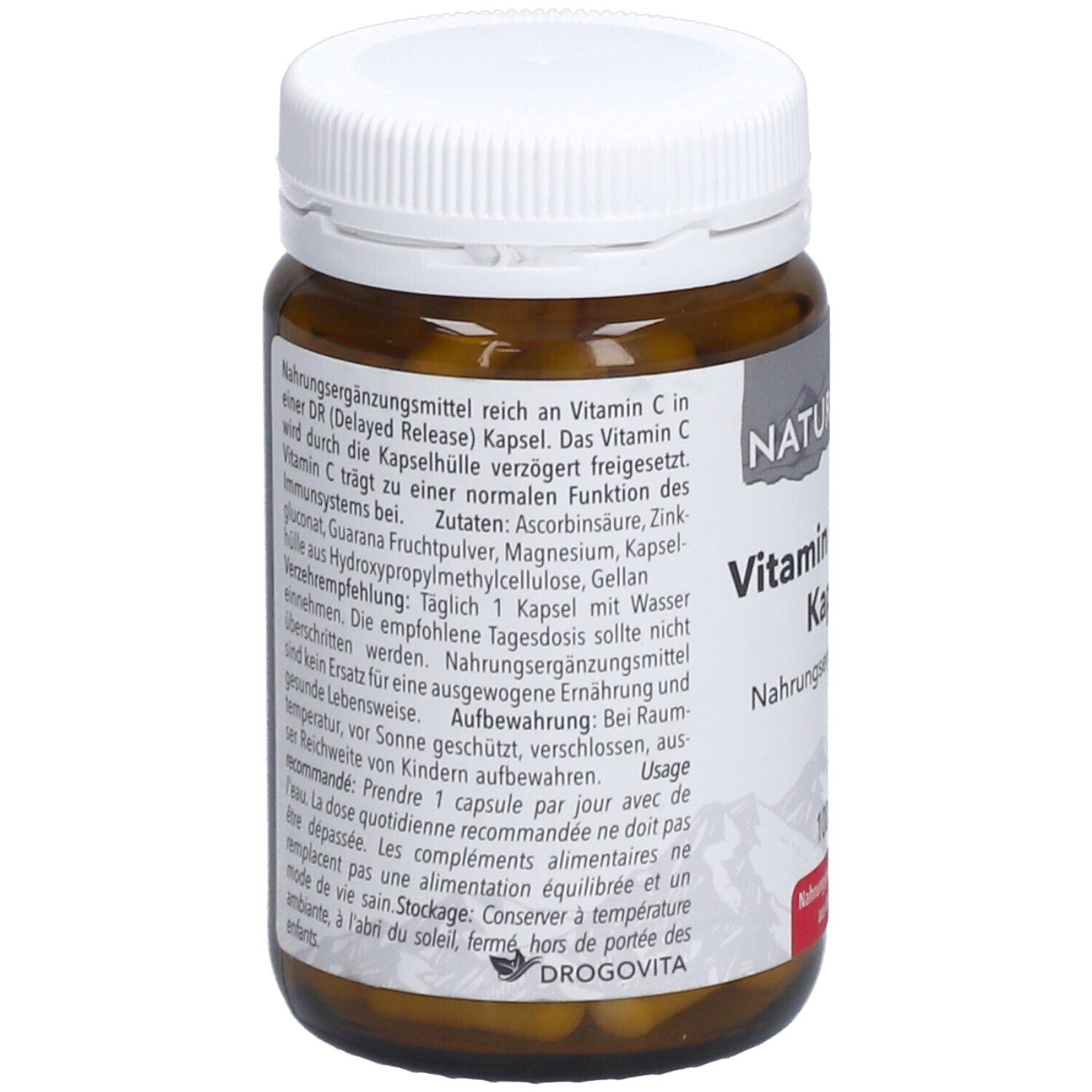 Rückseite der braunen Glasflasche. Text: Nahrungsergänzungsmittel reich an Vitamin C. Zutaten, Anwendungshinweise, Lagerung. DrogoVita Logo.