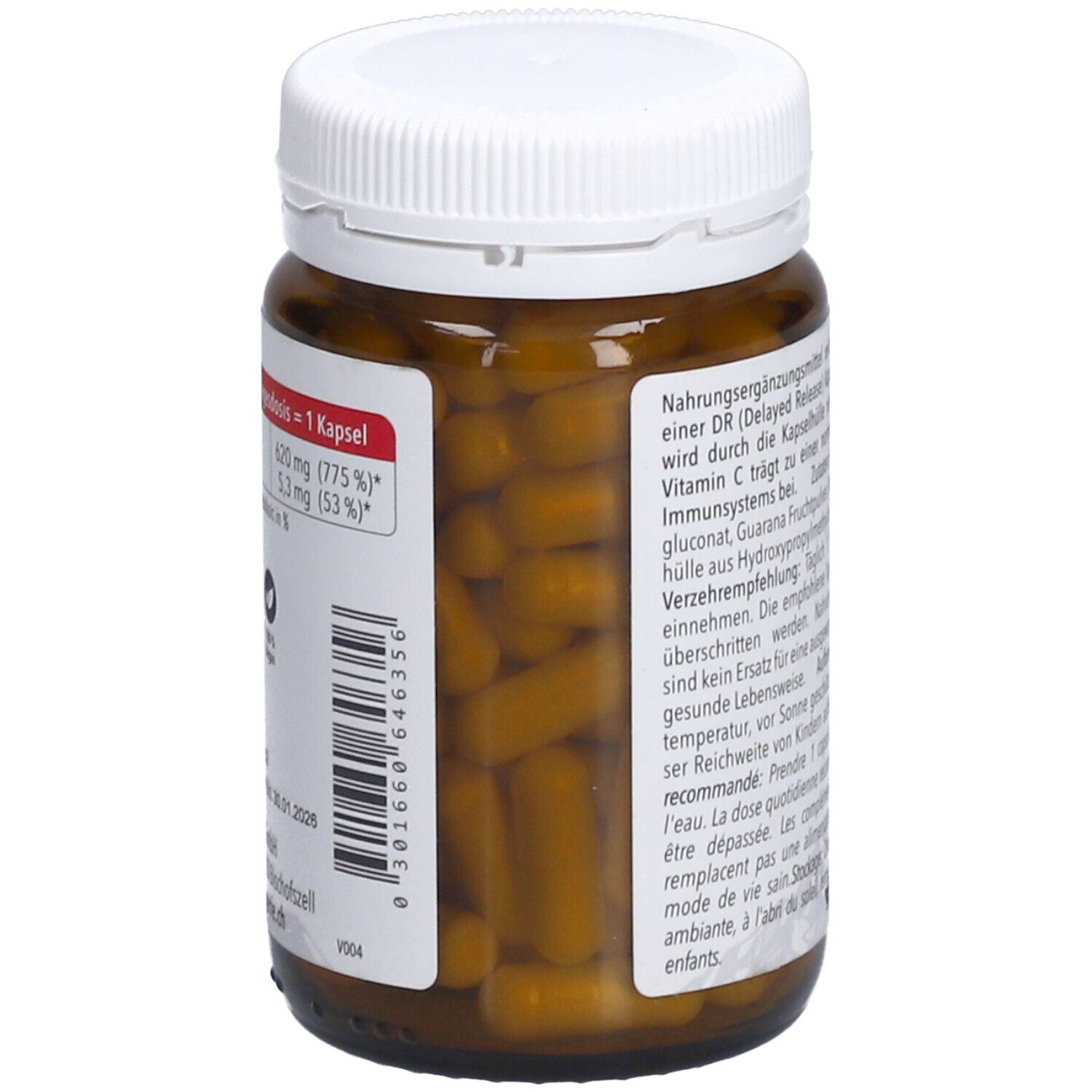Braune Glasflasche mit weißen Kapseln. Aufschrift: NATURSTEIN Vitamin C 600 DR Kapseln. Rückseite mit Nährwertangaben und Inhaltsstoffen.
