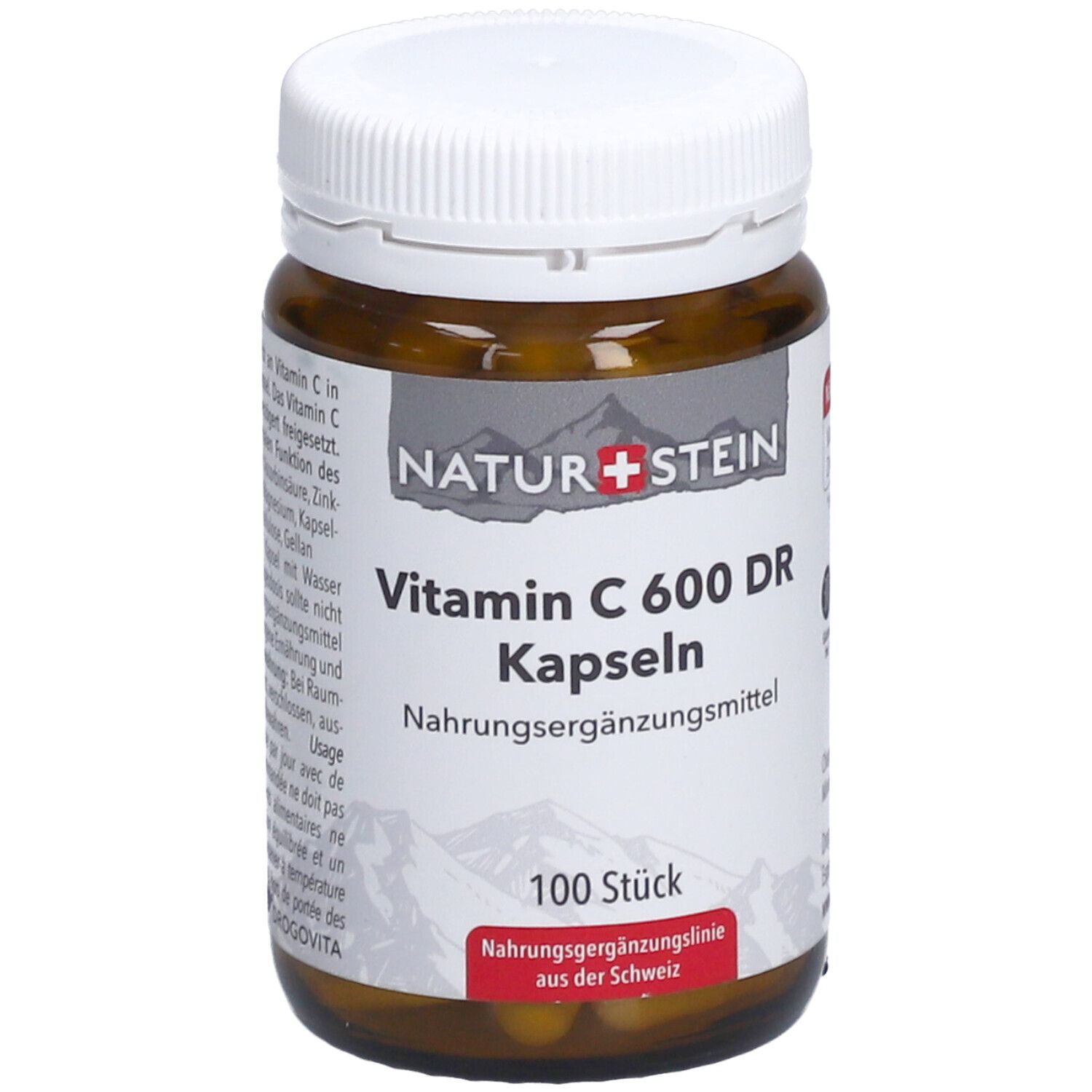 Braune Glasflasche mit weißem Deckel. Aufschrift: NATURSTEIN Vitamin C 600 DR Kapseln. 100 Stück. Nahrungsergänzungsmittel.
